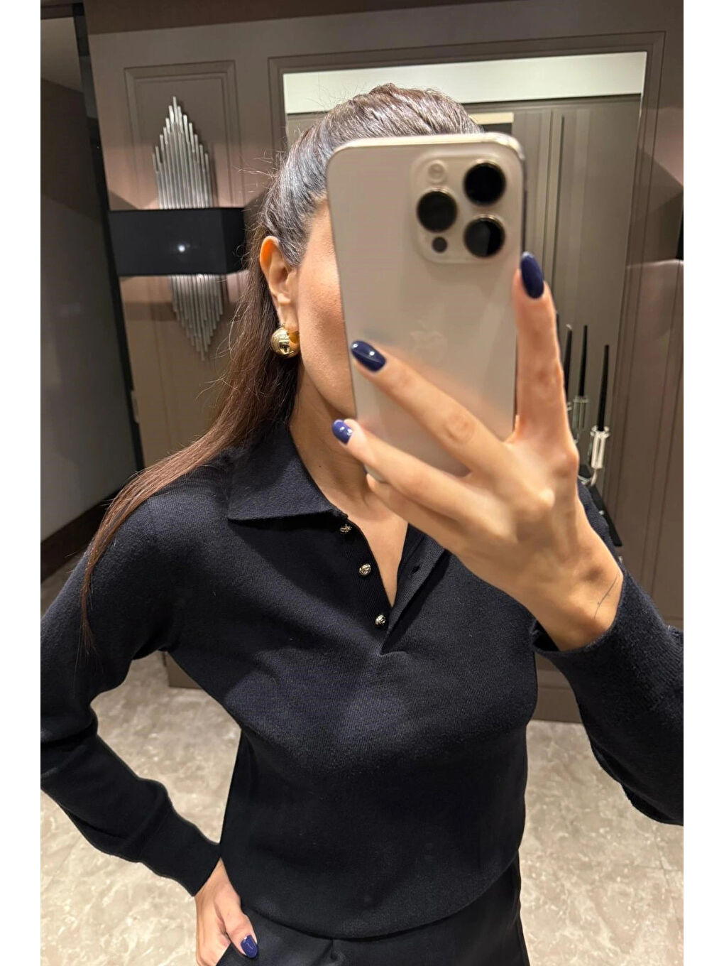 Kadın Siyah Polo Yaka Kazak 1014-2402-2