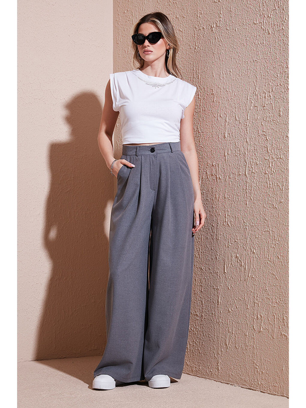 Gri Wide Leg Yüksek Bel Geniş Paça Palazzo Pantolon 5866290