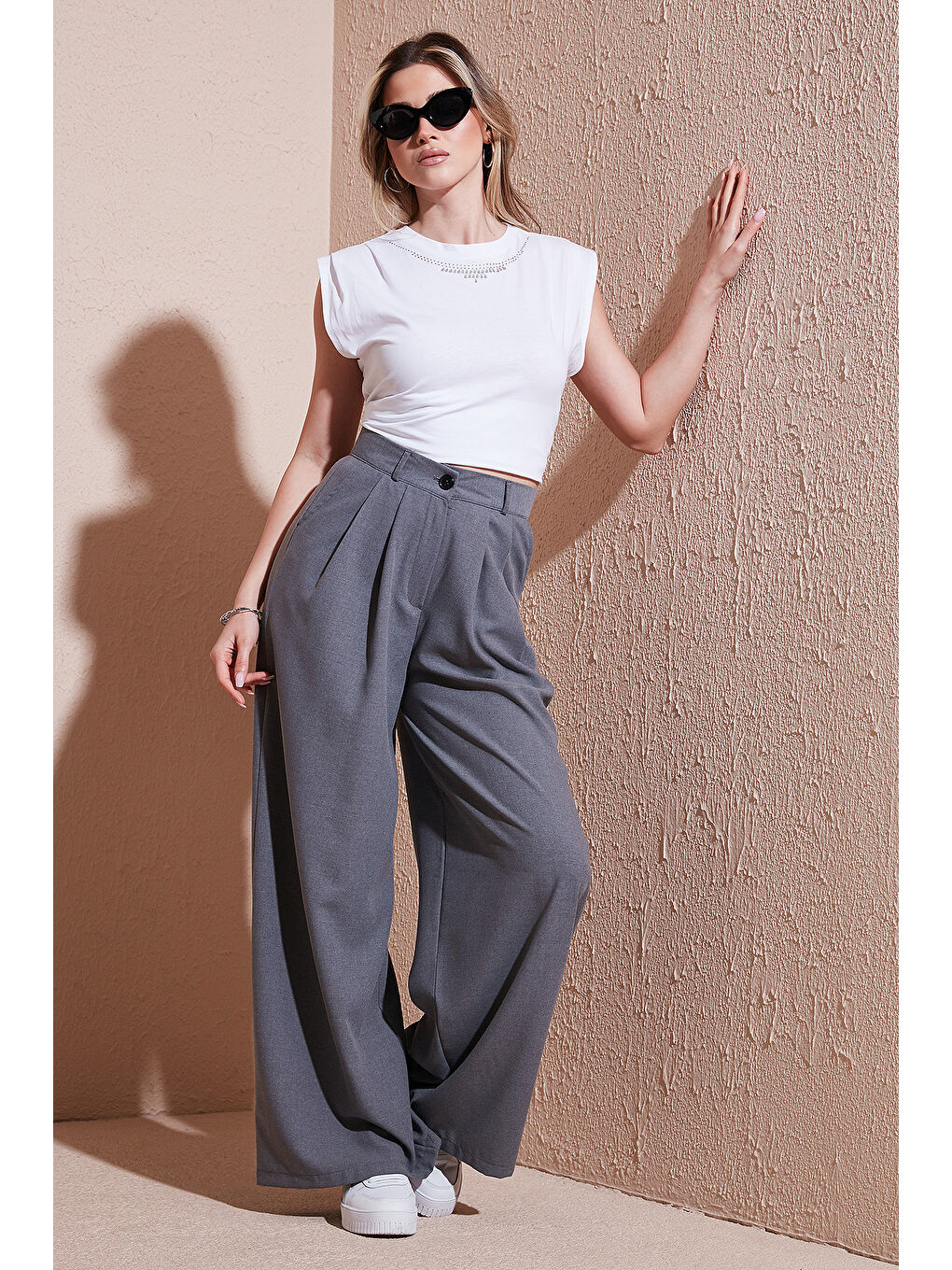 Gri Wide Leg Yüksek Bel Geniş Paça Palazzo Pantolon 5866290-1