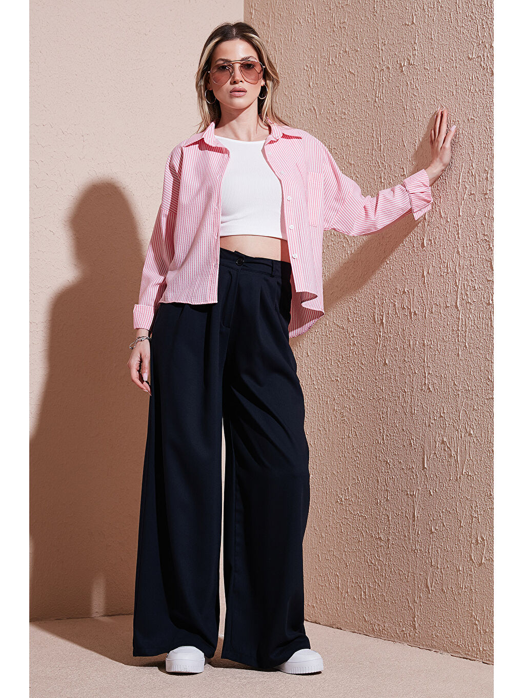 Lacivert Wide Leg Yüksek Bel Geniş Paça Palazzo Pantolon 5866290