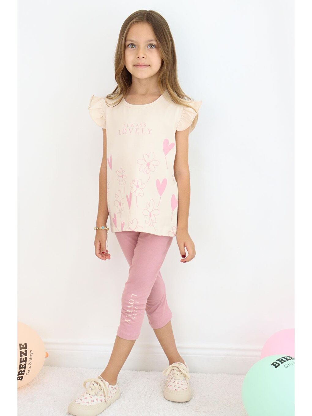 Kız Çocuk Kapri Taytlı Takım Sevgi Temalı Çiçek Baskılı Bej (3-4 Yaş)-1