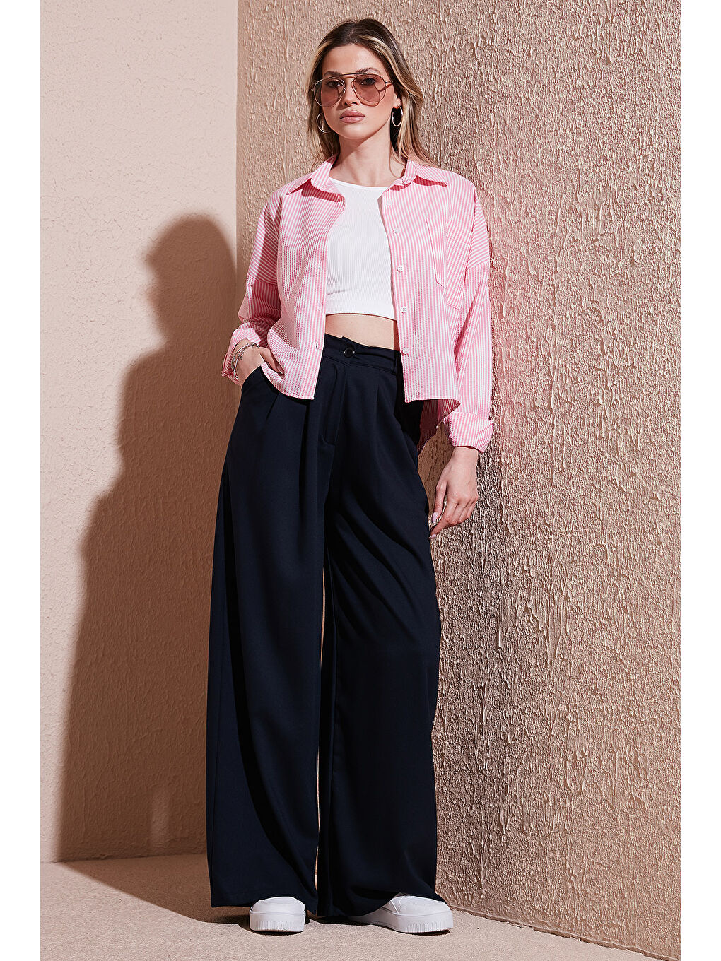 Lacivert Wide Leg Yüksek Bel Geniş Paça Palazzo Pantolon 5866290-2