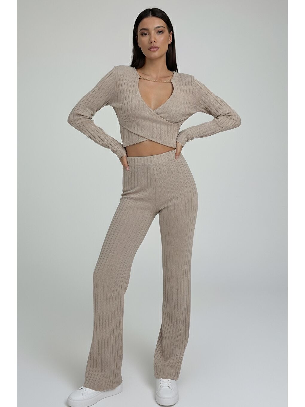 Zincirli Crop Pantolon Kaşkorse Takım Bej - 27995-BEJ