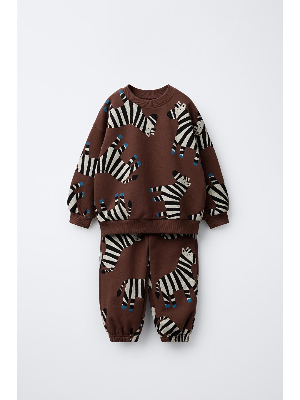 Erkek Çocuk Pamuklu Kahverengi Zebra Desenli Sweatshirt Ve Eşofman Altı Takım – Günlük Rahat Kombin-1