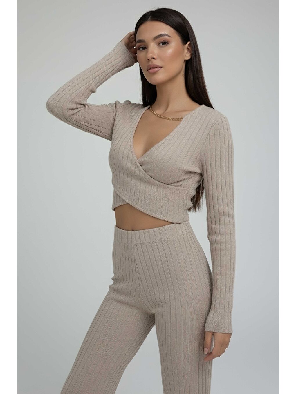 Zincirli Crop Pantolon Kaşkorse Takım Bej - 27995-BEJ-1
