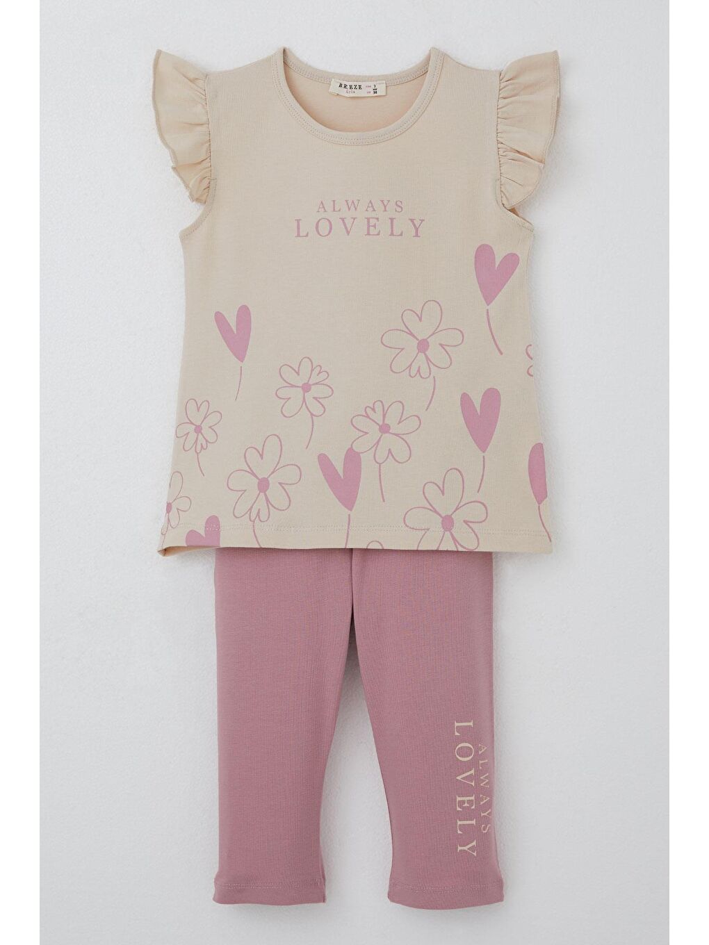 Kız Çocuk Kapri Taytlı Takım Sevgi Temalı Çiçek Baskılı Bej (3-4 Yaş)-3