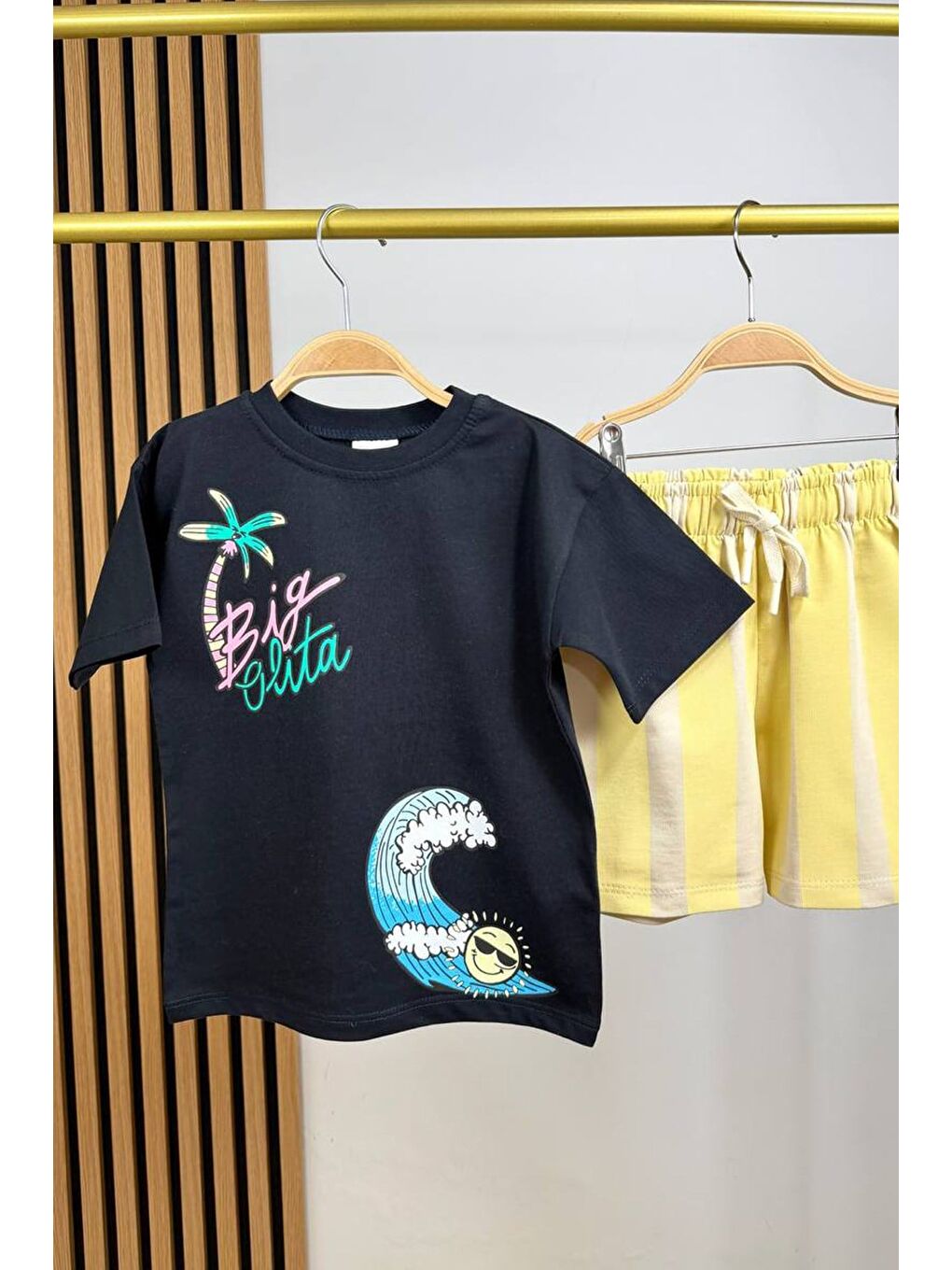 Antrasit Erkek Çocuk Pamuklu Bisiklet Yaka Baskılı T-Shirt Ve Şort Alt Üst Takım-2