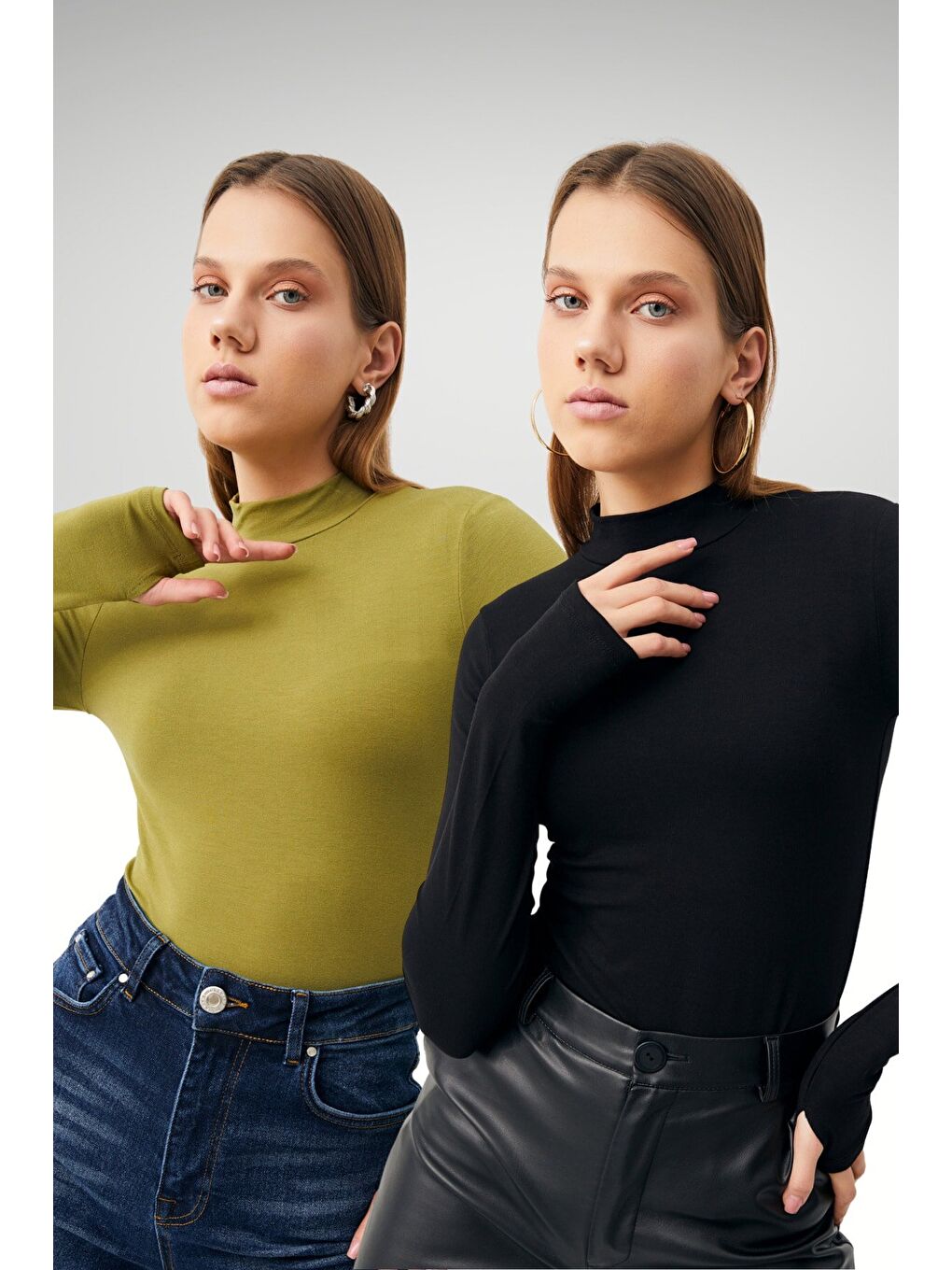 Kadın Yağ Yeşili Siyah 2'li Parmak Detaylı Body