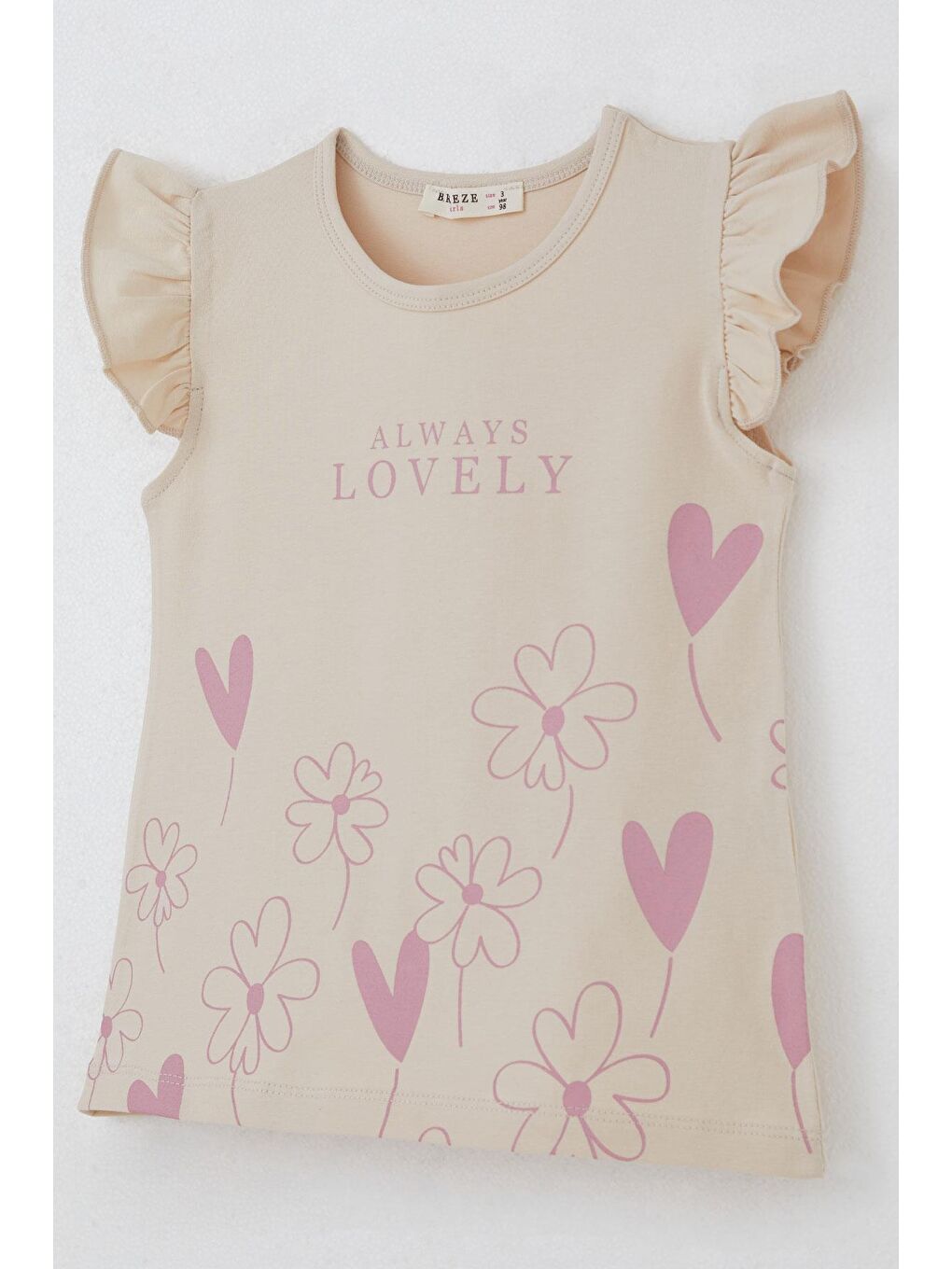 Kız Çocuk Kapri Taytlı Takım Sevgi Temalı Çiçek Baskılı Bej (3-4 Yaş)-8