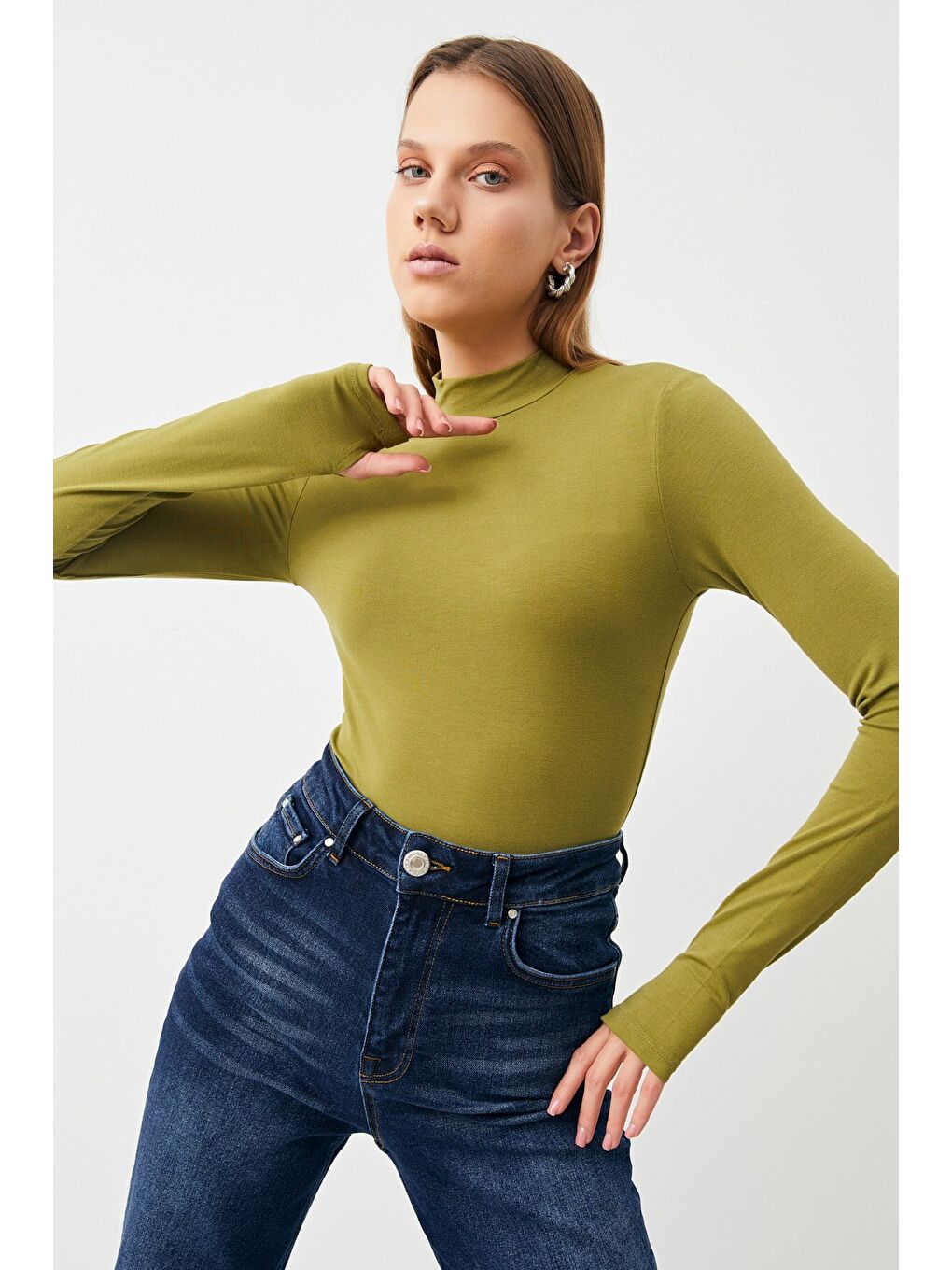 Kadın Yağ Yeşili Siyah 2'li Parmak Detaylı Body-3