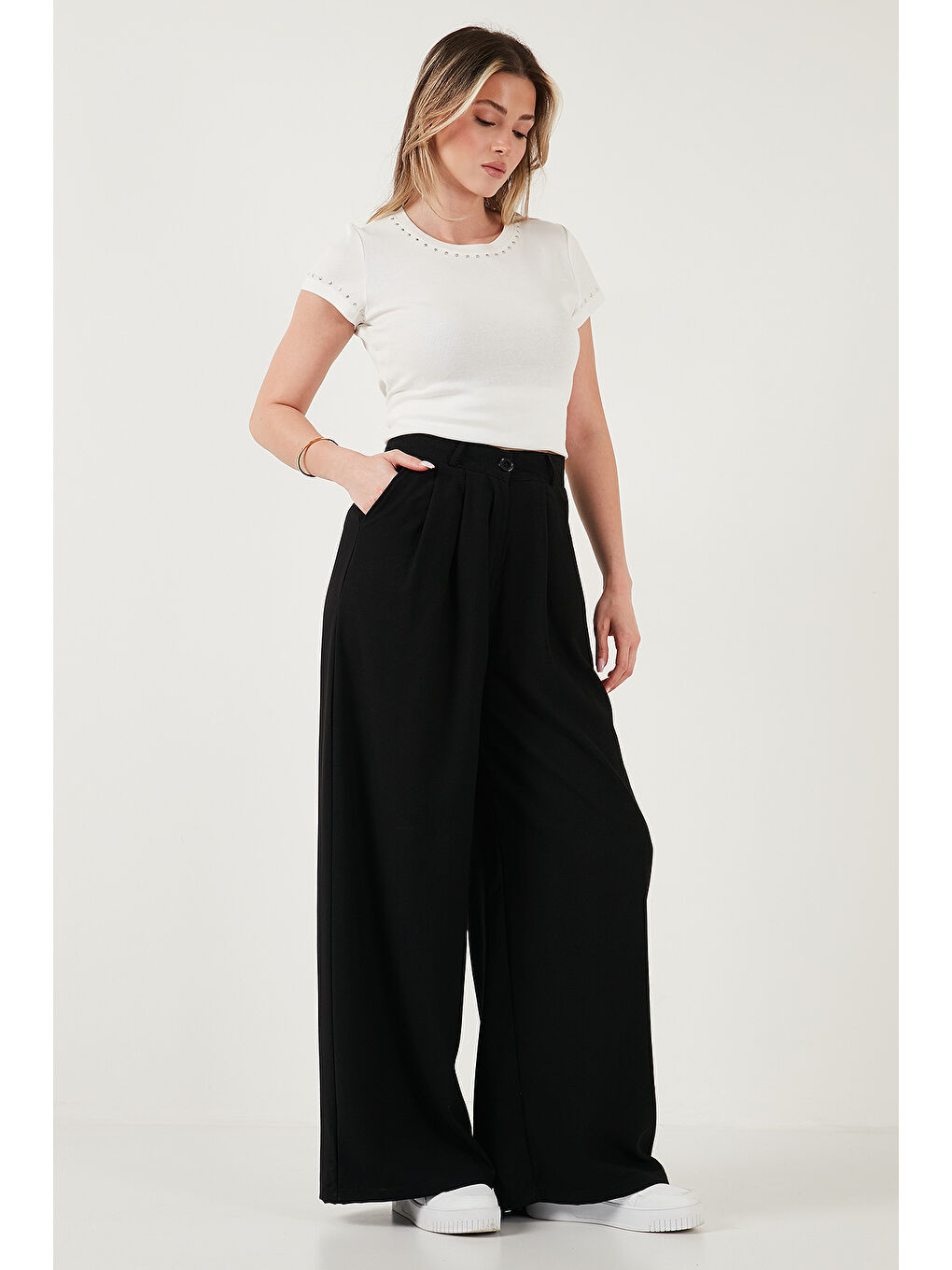 Siyah Wide Leg Yüksek Bel Geniş Paça Palazzo Pantolon 5866290-4