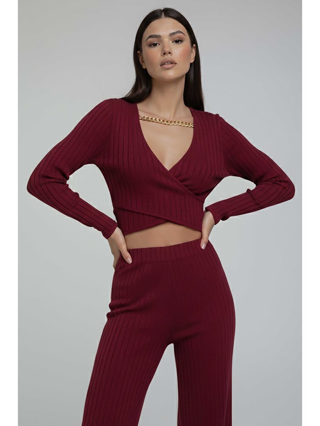 Zincirli Crop Pantolon Kaşkorse Takım Bordo - 27995-BORDO