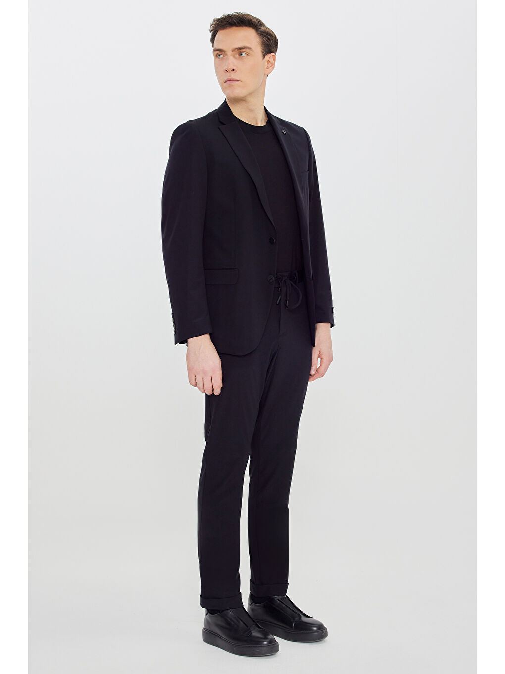 Erkek Siyah 360 Her Yöne Esneyen Slim Fit Dar Kesim Mono Yaka Beli Bağlamalı Takım Elbise