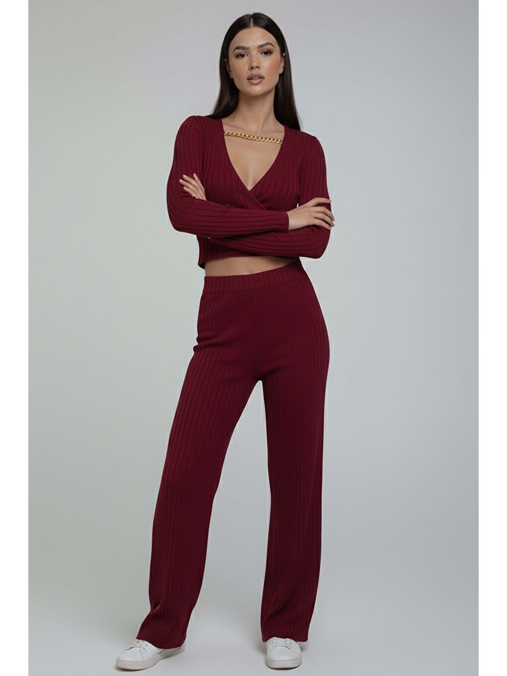 Zincirli Crop Pantolon Kaşkorse Takım Bordo - 27995-BORDO-1