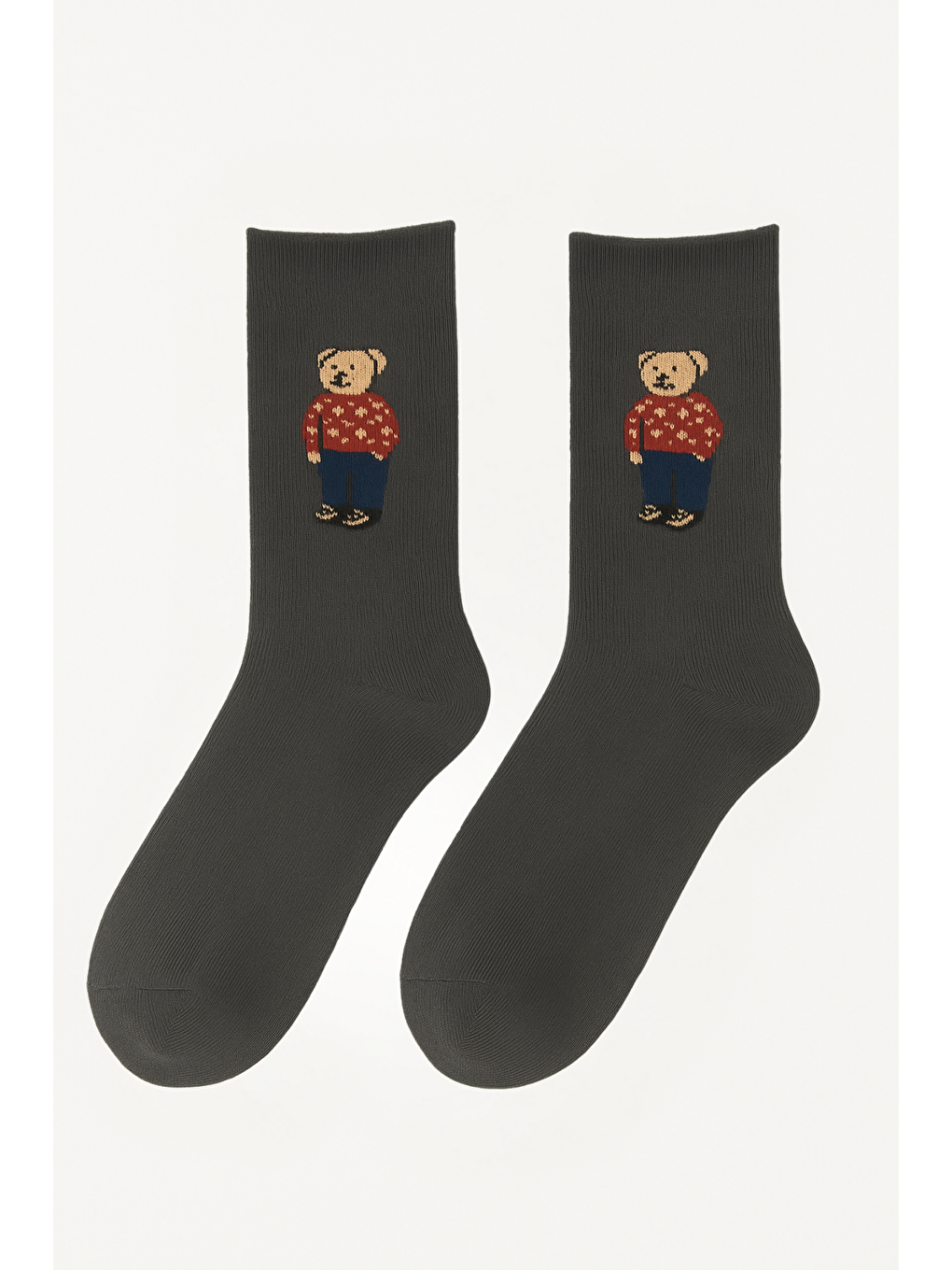 Kadın Teddy Desenli Lastiksiz Modal Soket Çorap Gri