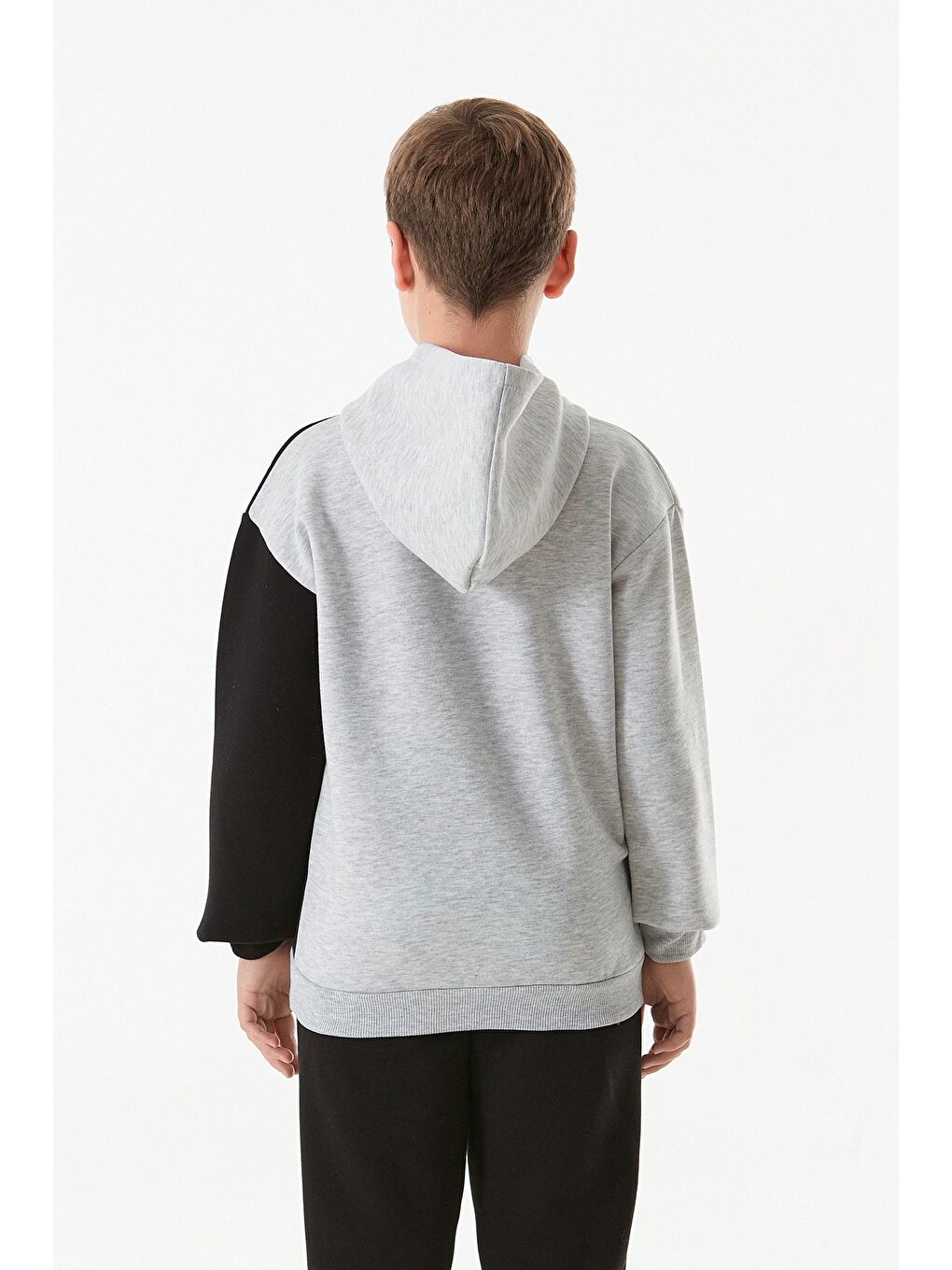 Gri 3 İplik Renk Bloklu Kapüşonlu Erkek Çocuk Sweatshirt-3