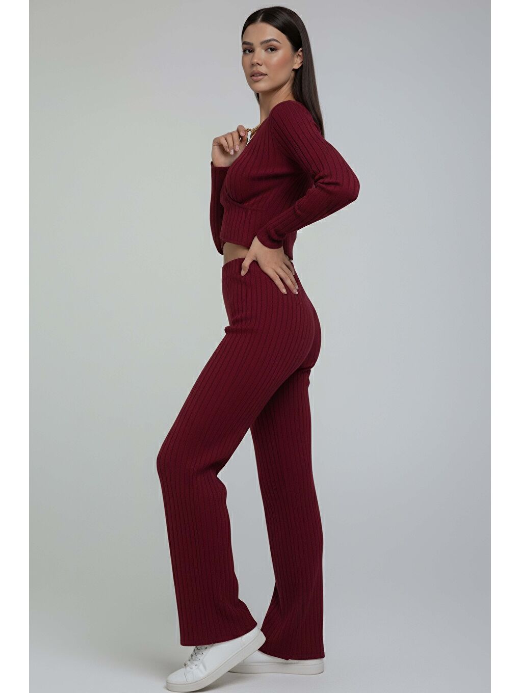 Zincirli Crop Pantolon Kaşkorse Takım Bordo - 27995-BORDO-2
