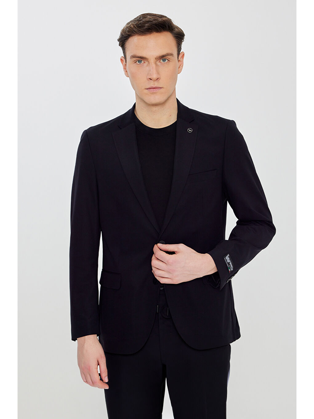 Erkek Siyah 360 Her Yöne Esneyen Slim Fit Dar Kesim Mono Yaka Beli Bağlamalı Takım Elbise-2