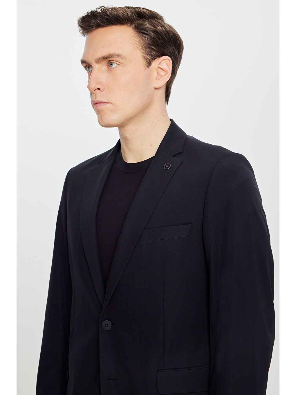 Erkek Siyah 360 Her Yöne Esneyen Slim Fit Dar Kesim Mono Yaka Beli Bağlamalı Takım Elbise-4