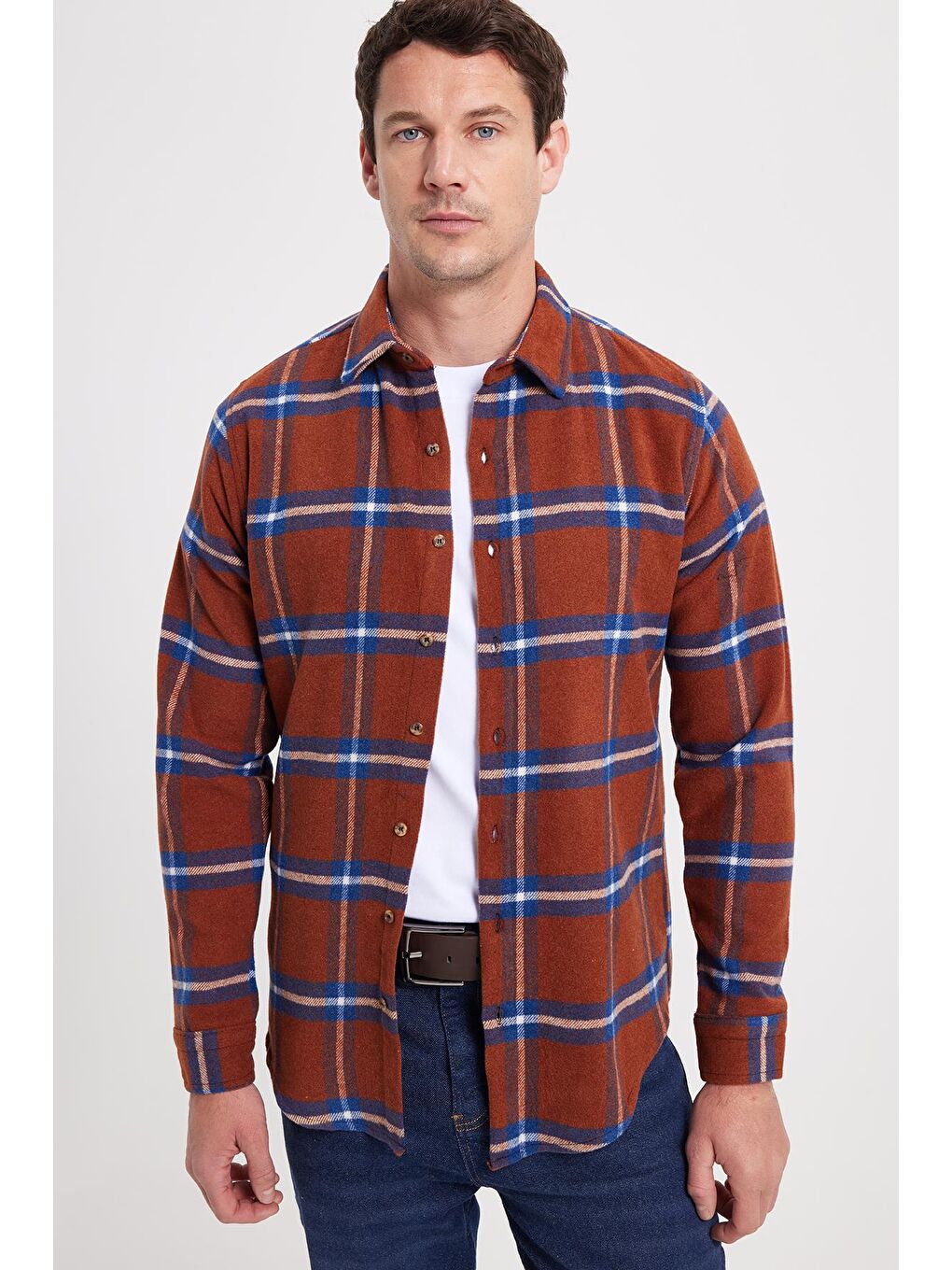 Kahverengi Erkek Slim Fit Dar Kesim Kareli Kışlık Oduncu Gömlek