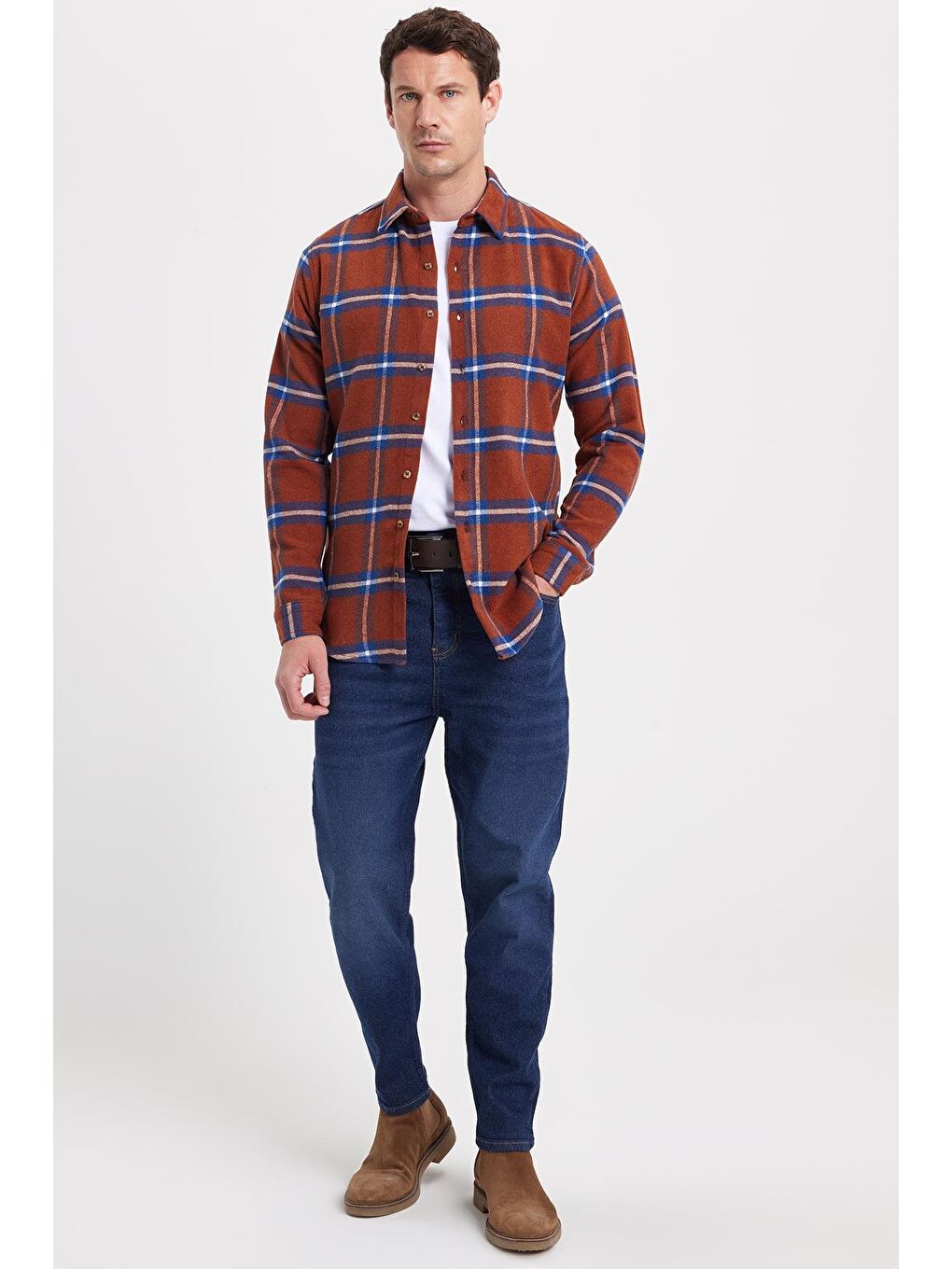 Kahverengi Erkek Slim Fit Dar Kesim Kareli Kışlık Oduncu Gömlek-2