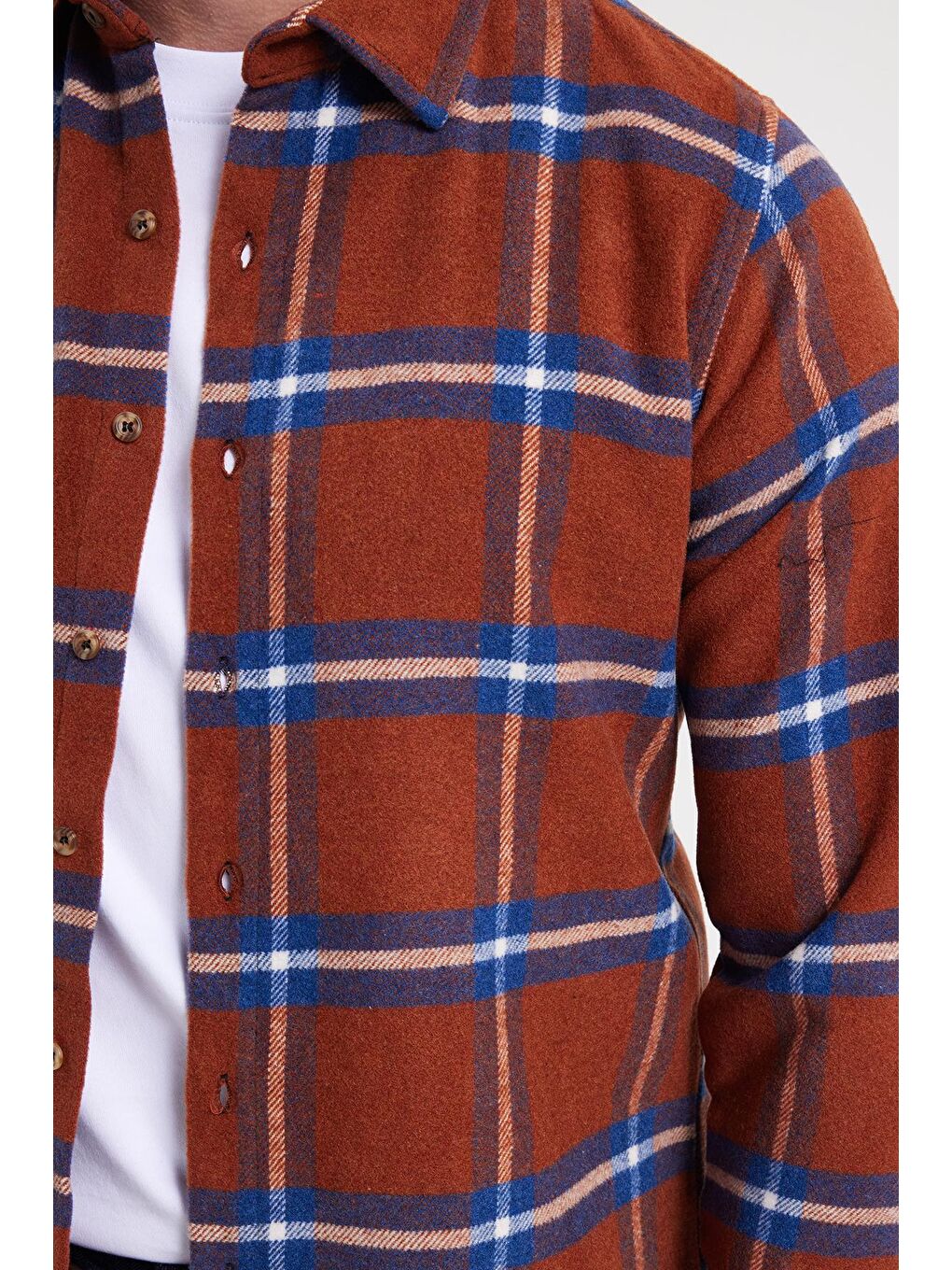 Kahverengi Erkek Slim Fit Dar Kesim Kareli Kışlık Oduncu Gömlek-3