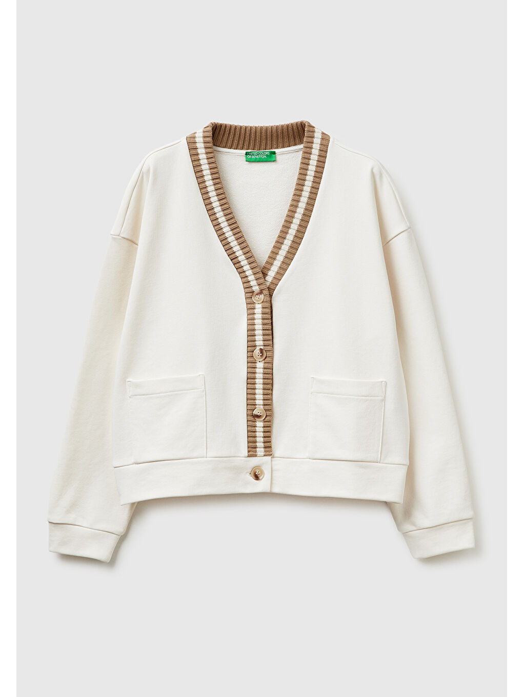 Ekru Kadın Krem Pamuk Karışımlı Şerit Detaylı Geniş V Yaka Hırka-1