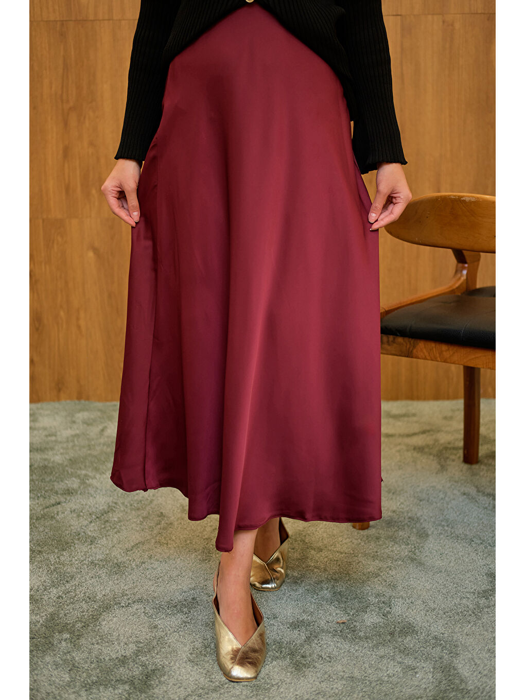Kadın Saten Etek Bordo-1