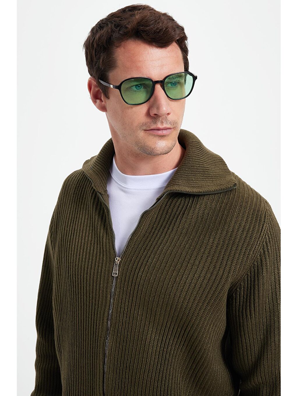 Erkek Slim Fit Dik Yaka Fermuarlı Haki Düz Hırka-1