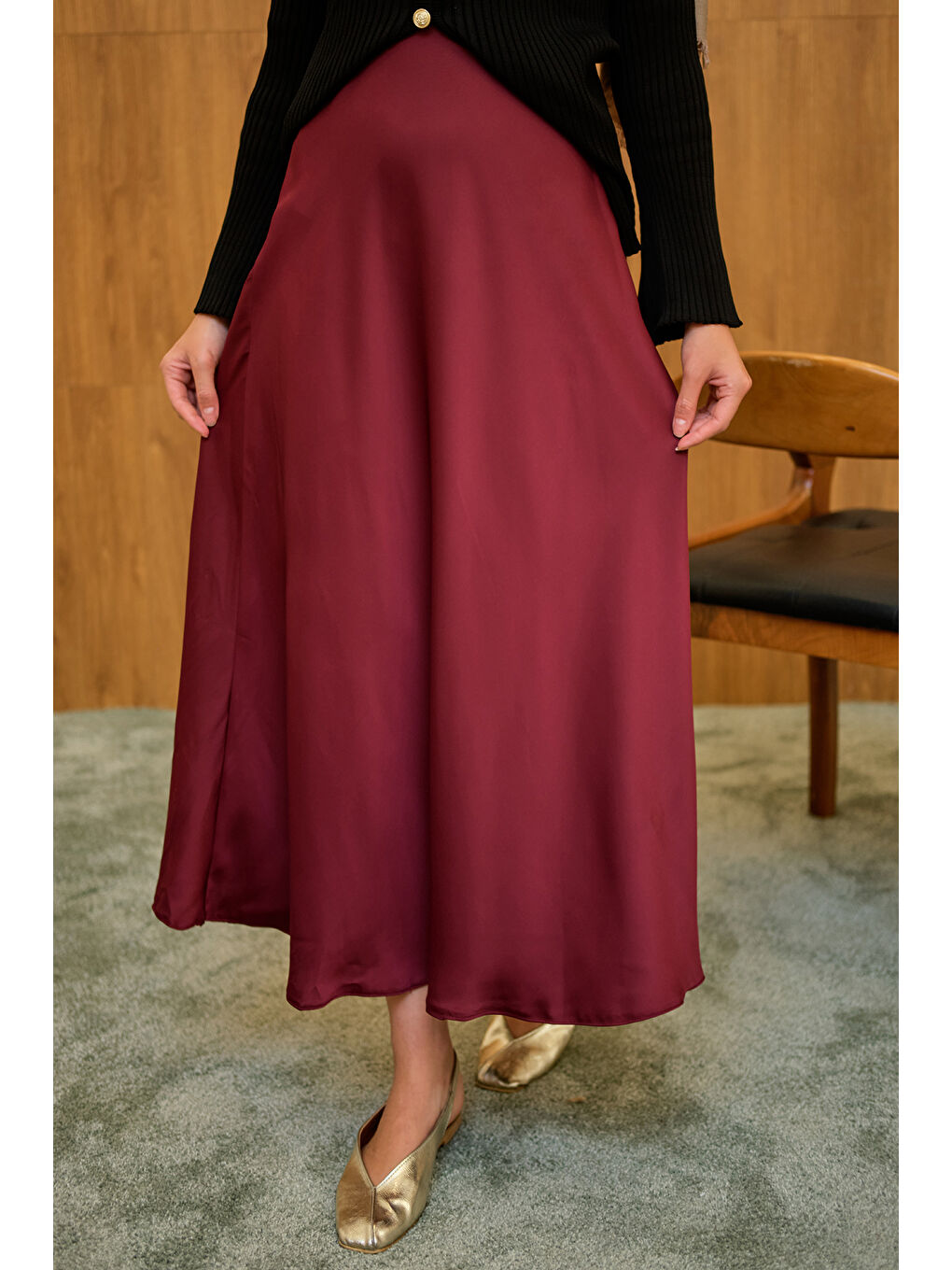 Kadın Saten Etek Bordo-2