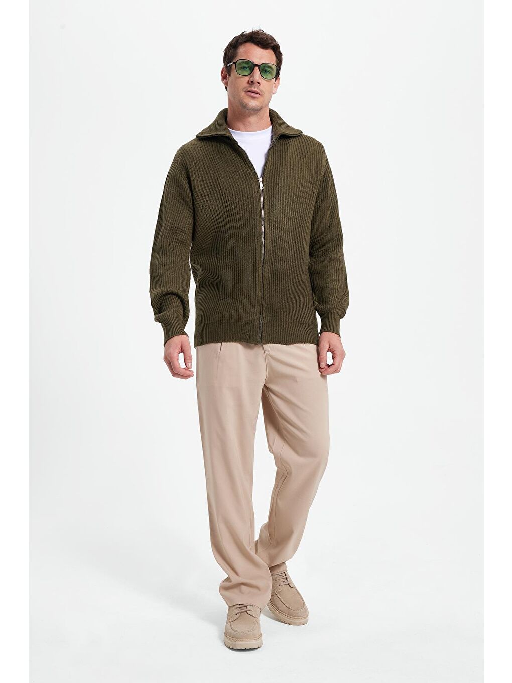Erkek Slim Fit Dik Yaka Fermuarlı Haki Düz Hırka-2