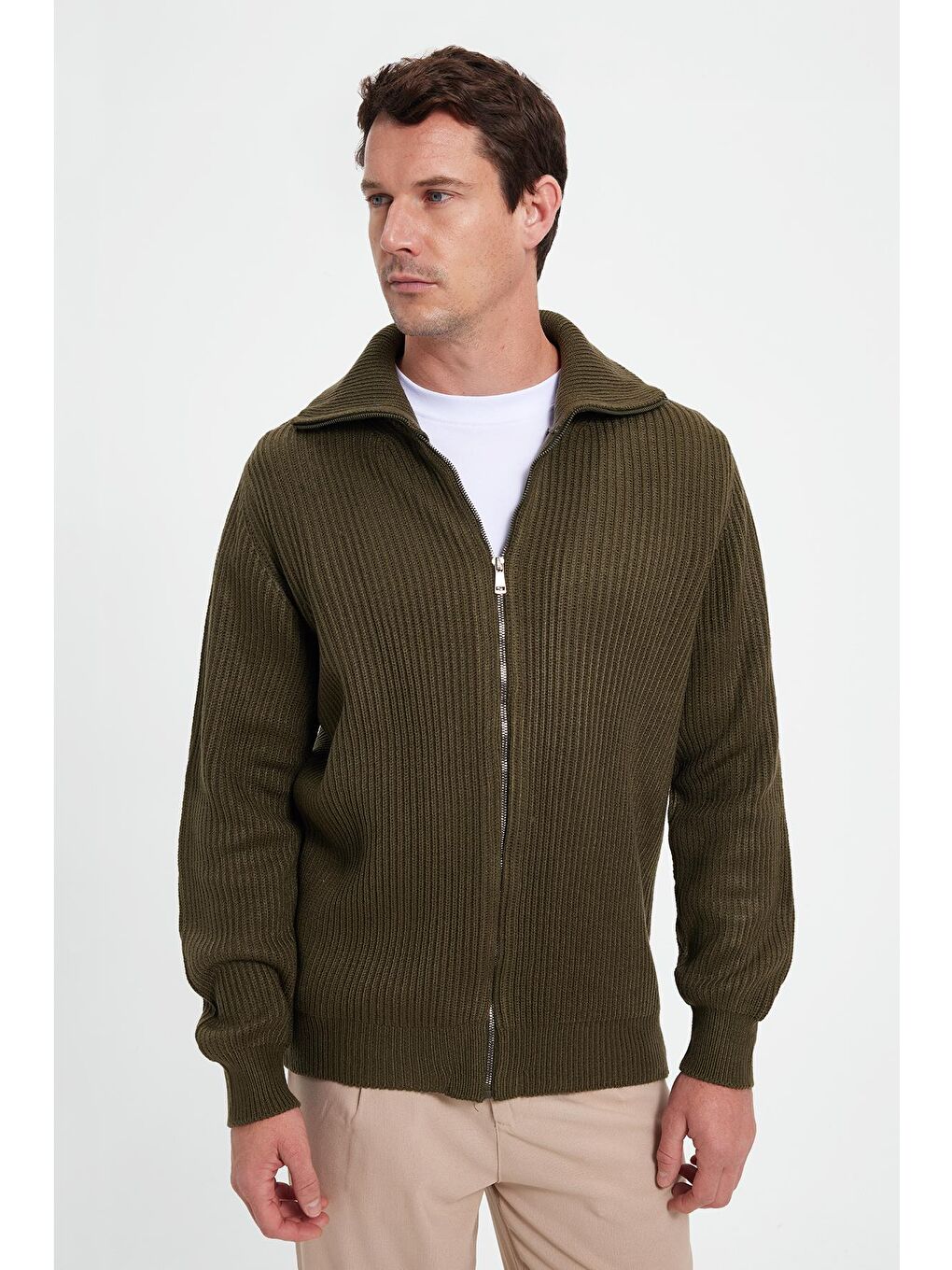 Erkek Slim Fit Dik Yaka Fermuarlı Haki Düz Hırka-3