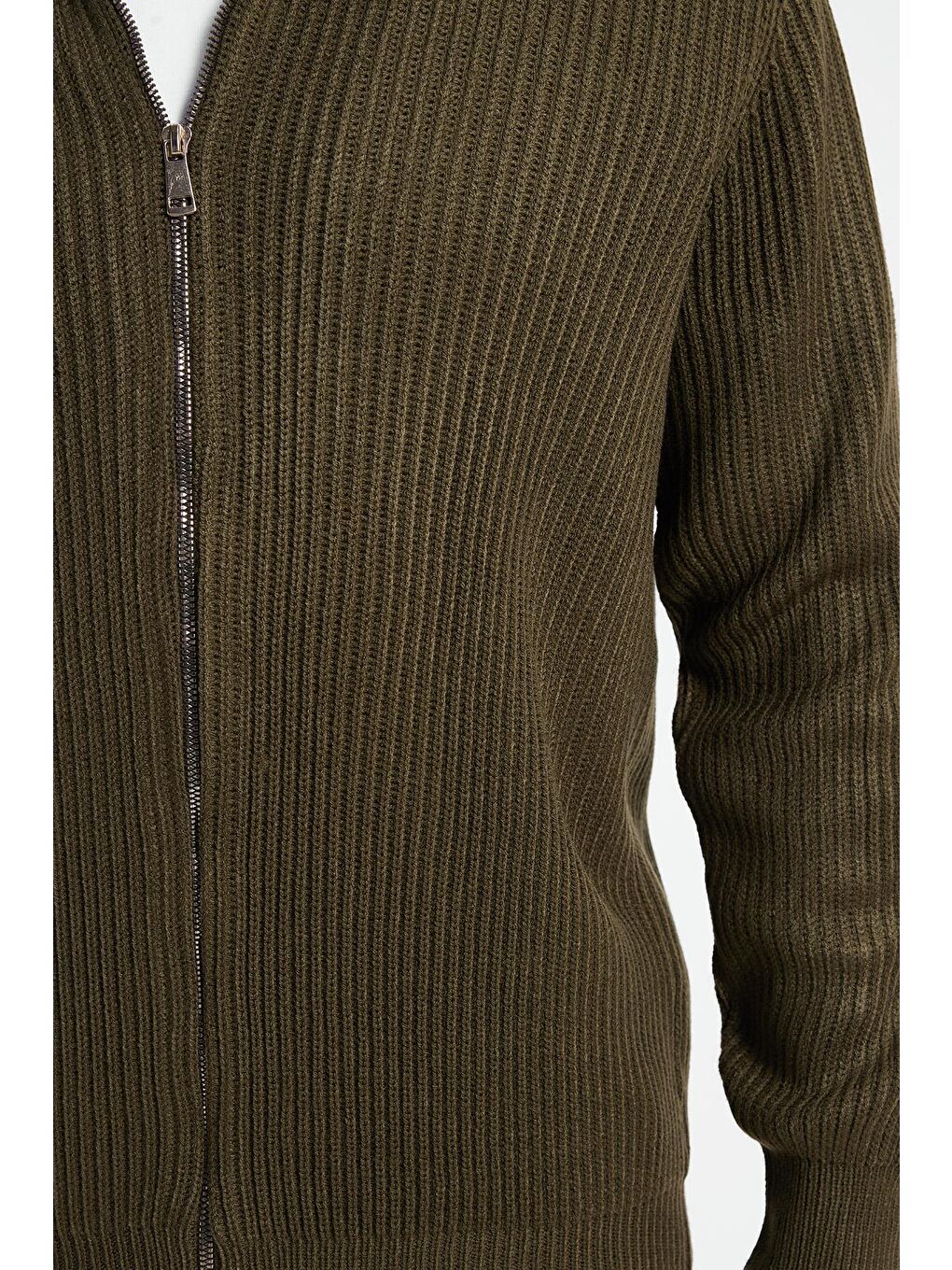 Erkek Slim Fit Dik Yaka Fermuarlı Haki Düz Hırka-4