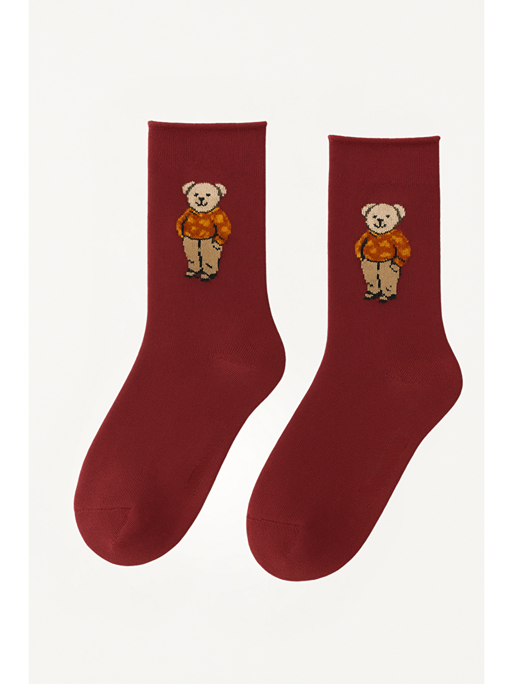 Kadın Teddy Desenli Lastiksiz Modal Soket Çorap Bordo