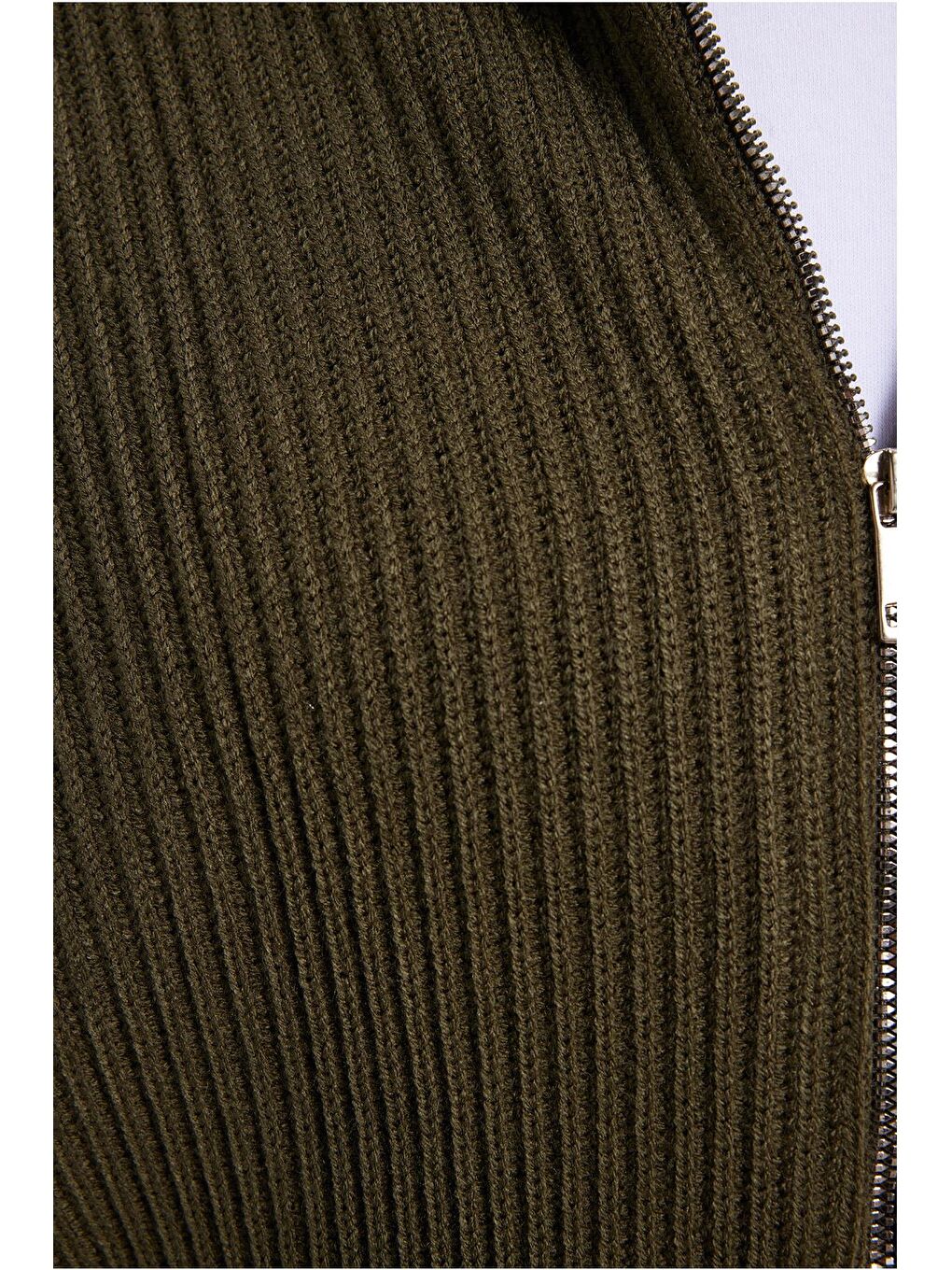 Erkek Slim Fit Dik Yaka Fermuarlı Haki Düz Hırka-5