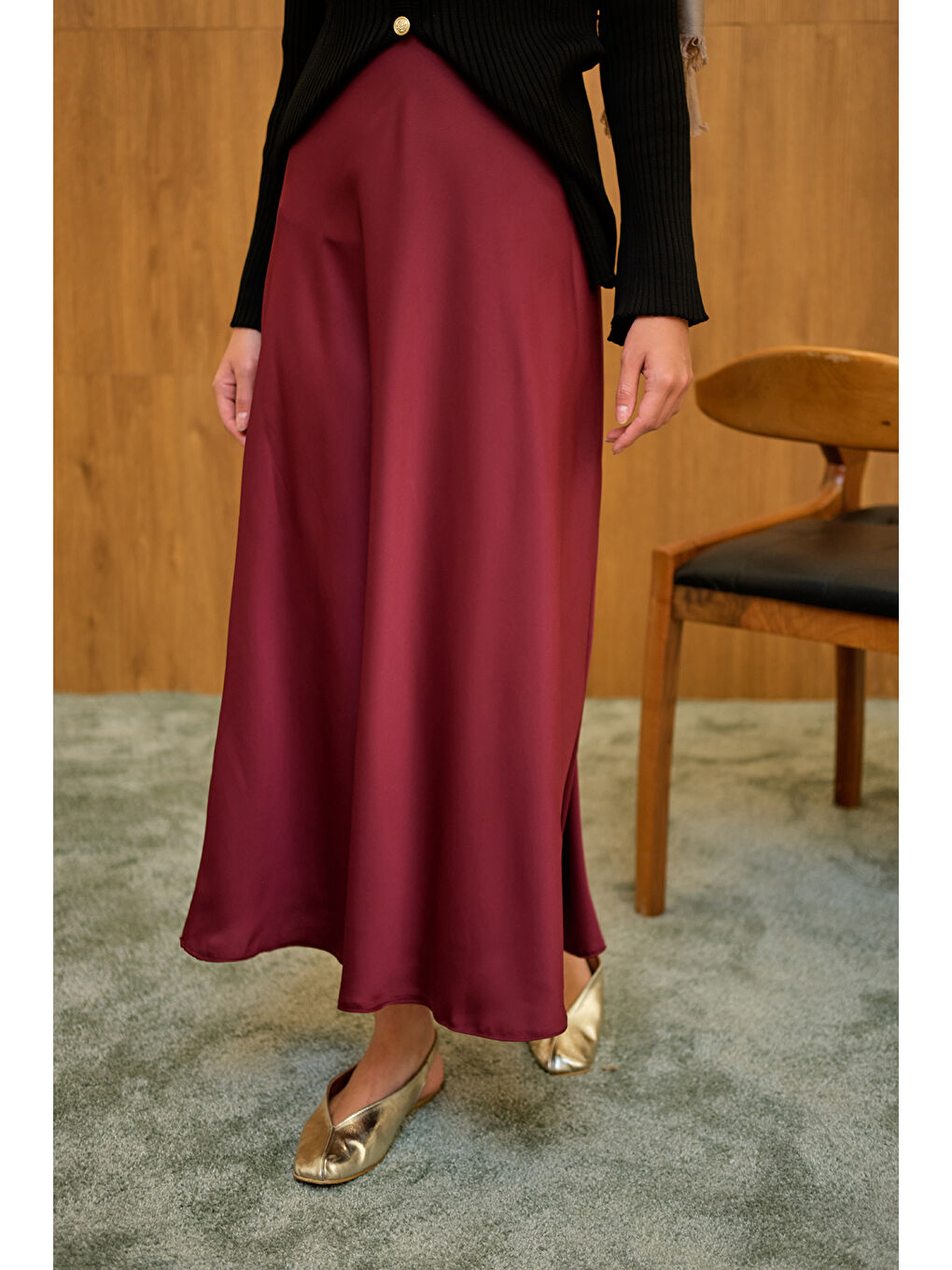 Kadın Saten Etek Bordo-4