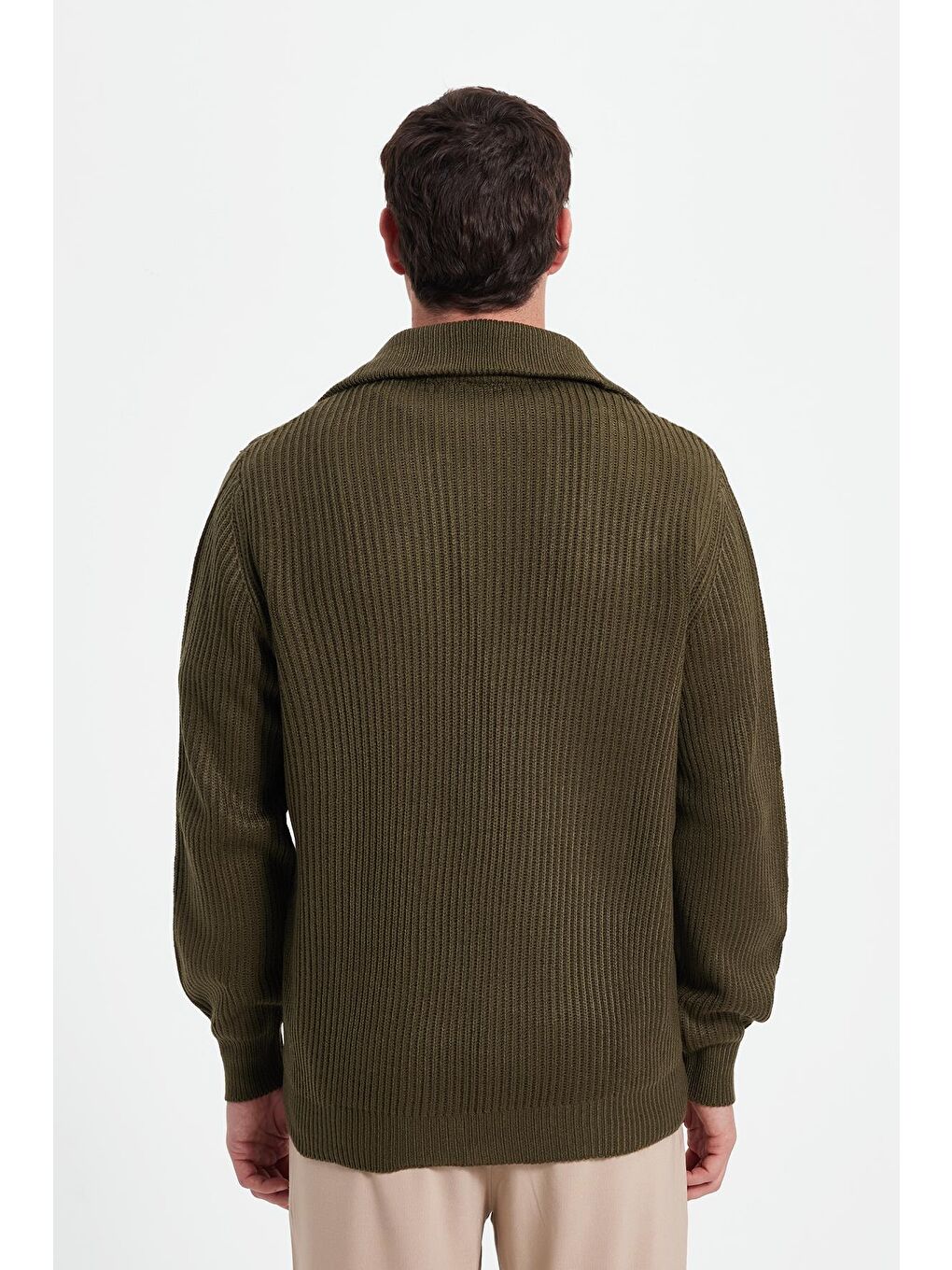 Erkek Slim Fit Dik Yaka Fermuarlı Haki Düz Hırka-6