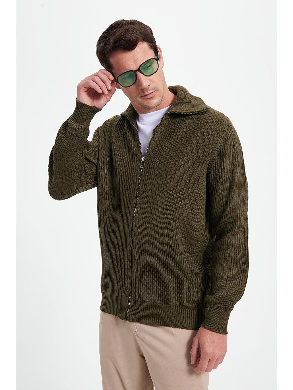 Erkek Slim Fit Dik Yaka Fermuarlı Haki Düz Hırka-7