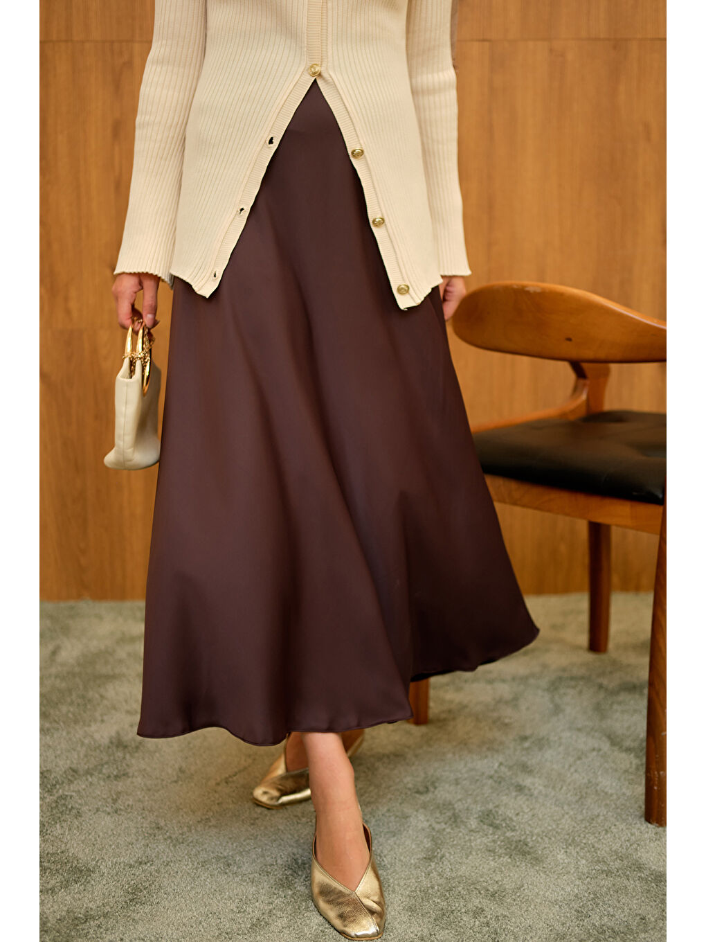 Kadın Saten Etek Kahverengi