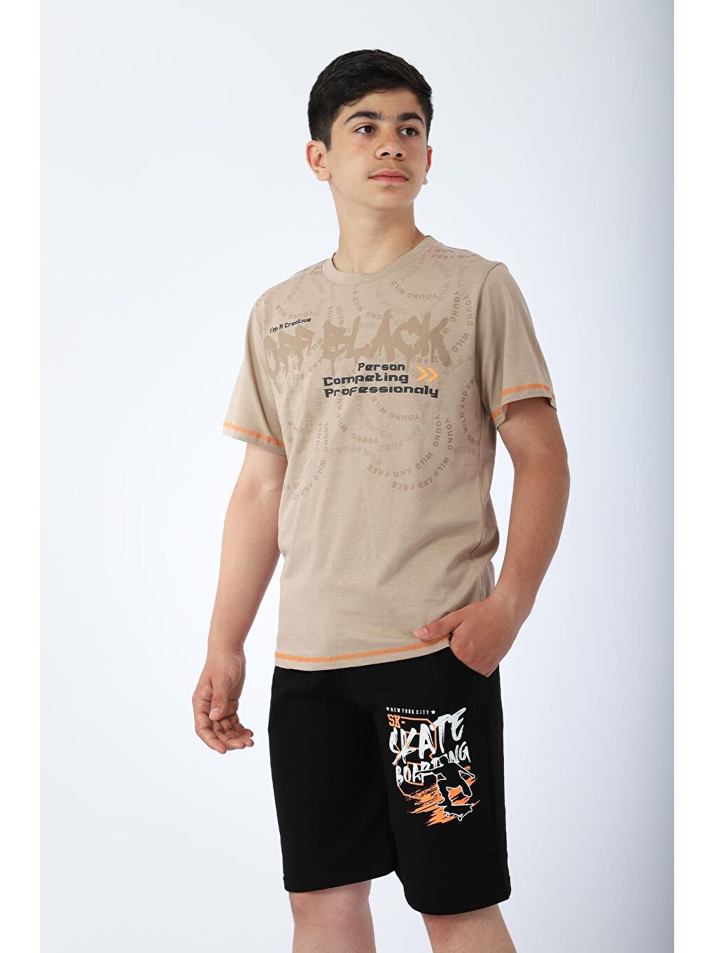 Bej Erkek Çocuk Tshirt Şort Yazlık Takım Kay Kay Baskılı