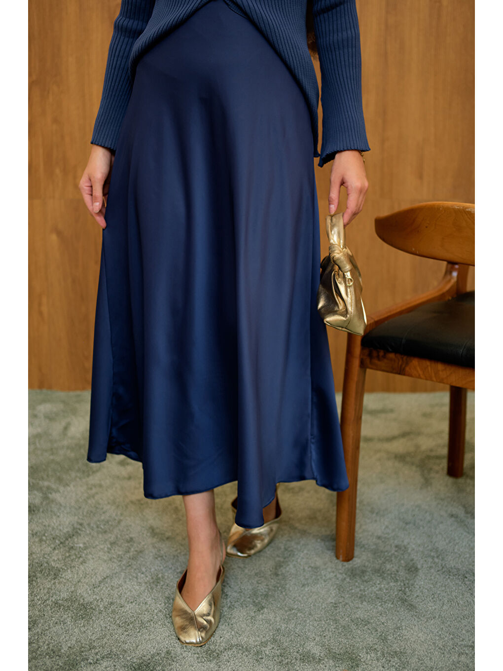 Kadın Saten Etek Lacivert-1