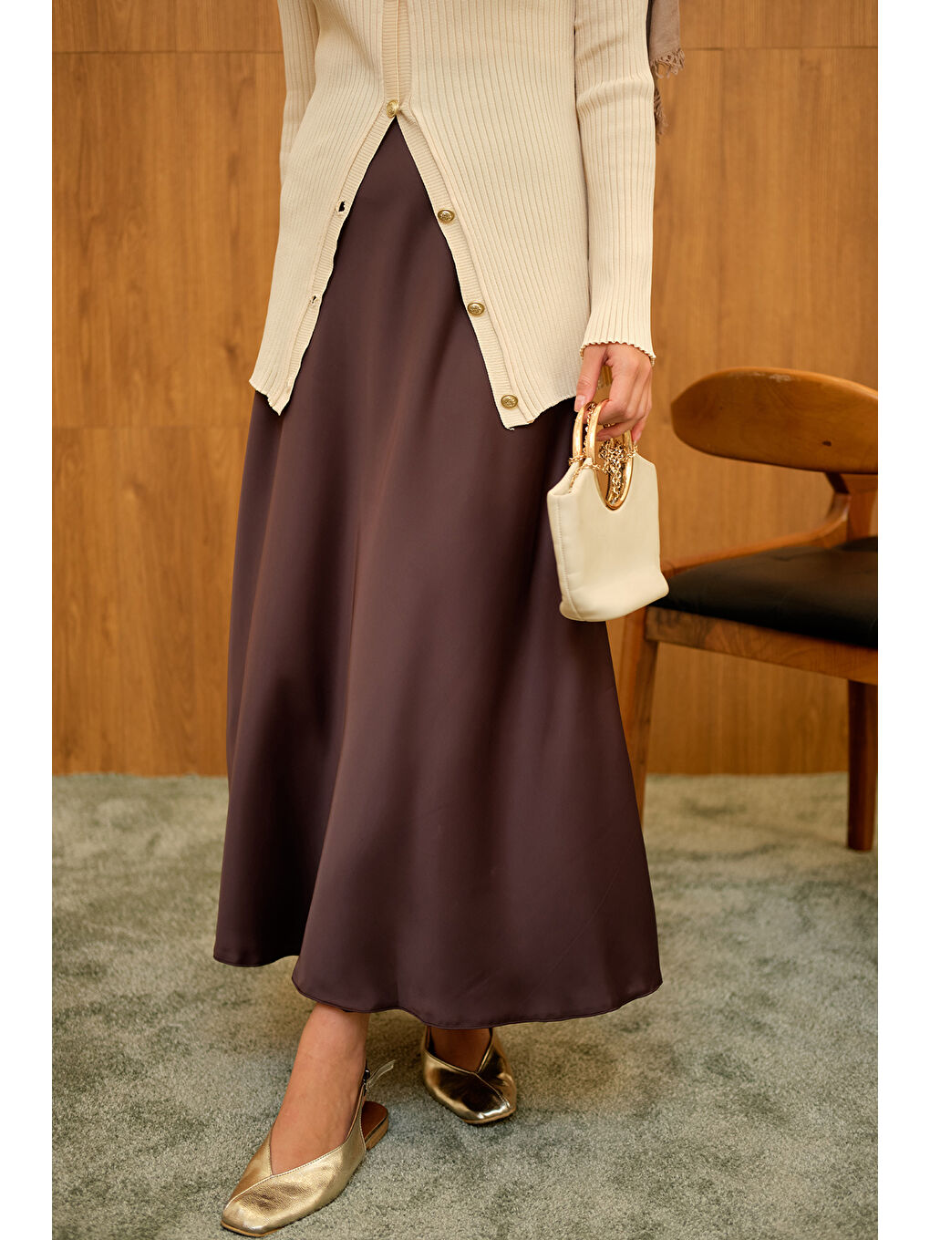 Kadın Saten Etek Kahverengi-1