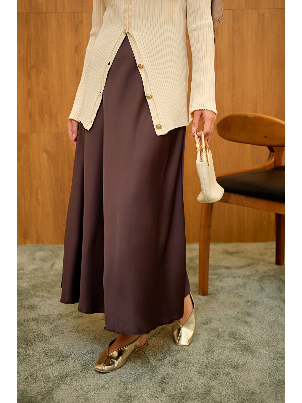 Kadın Saten Etek Kahverengi-2