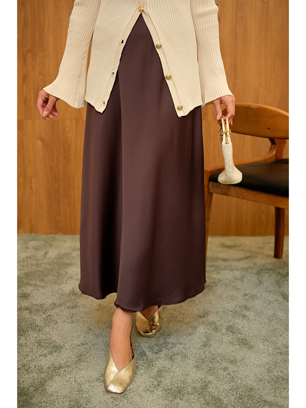 Kadın Saten Etek Kahverengi-3