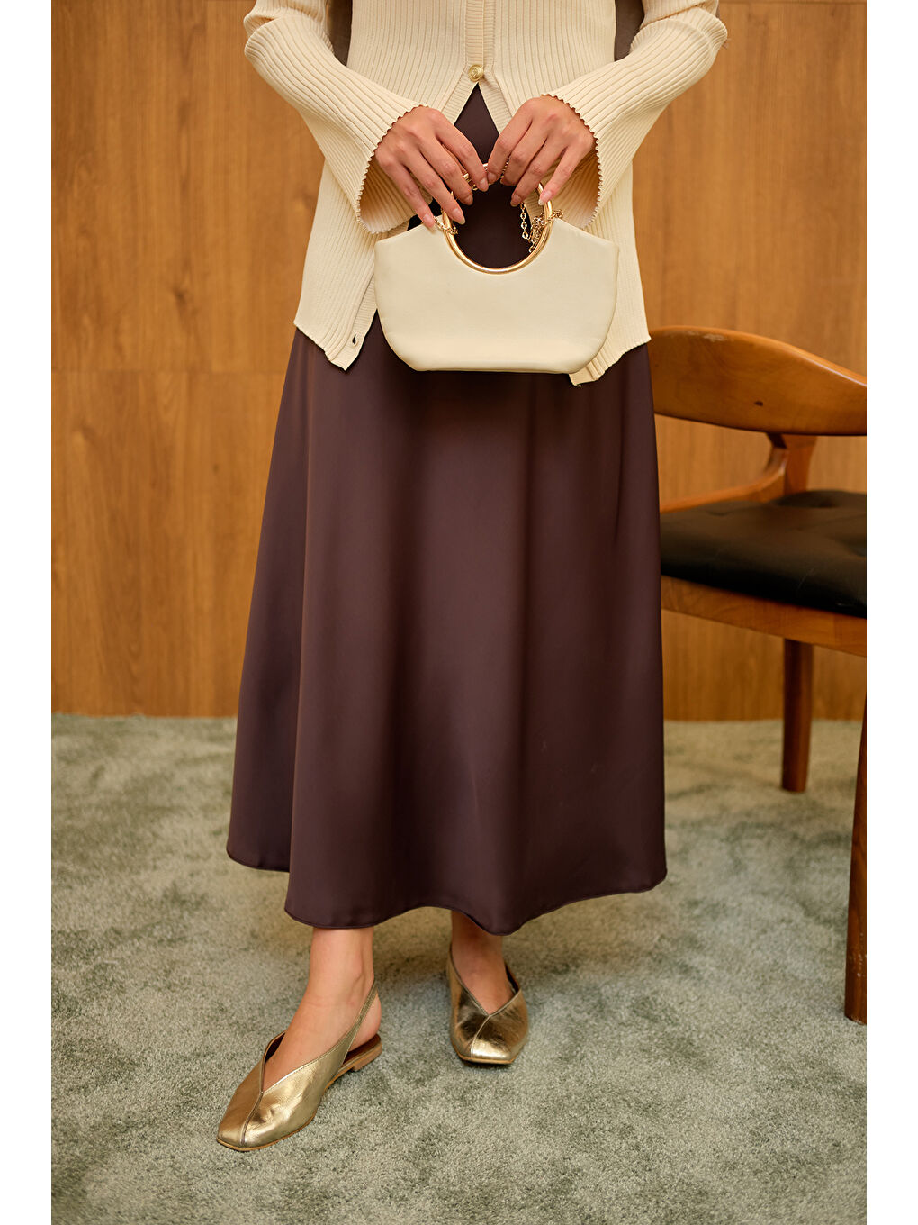 Kadın Saten Etek Kahverengi-4