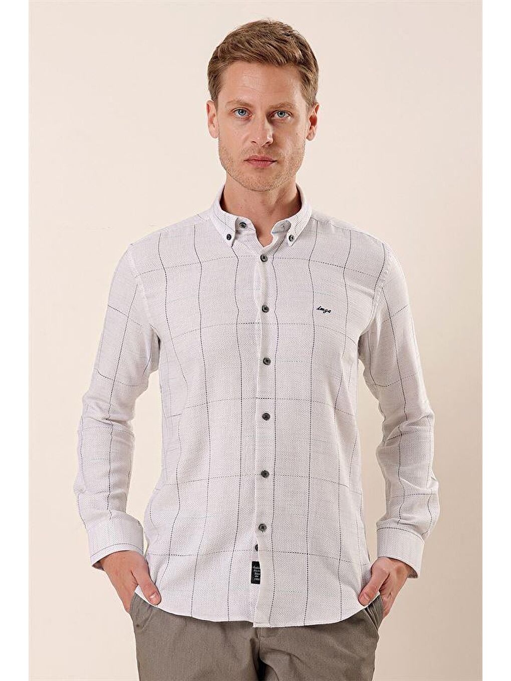 Gri Uzun Kollu Kareli Cepsiz Klasik Slim Fit Dar Kesim %100 Pamuk Gömlek 1004230175