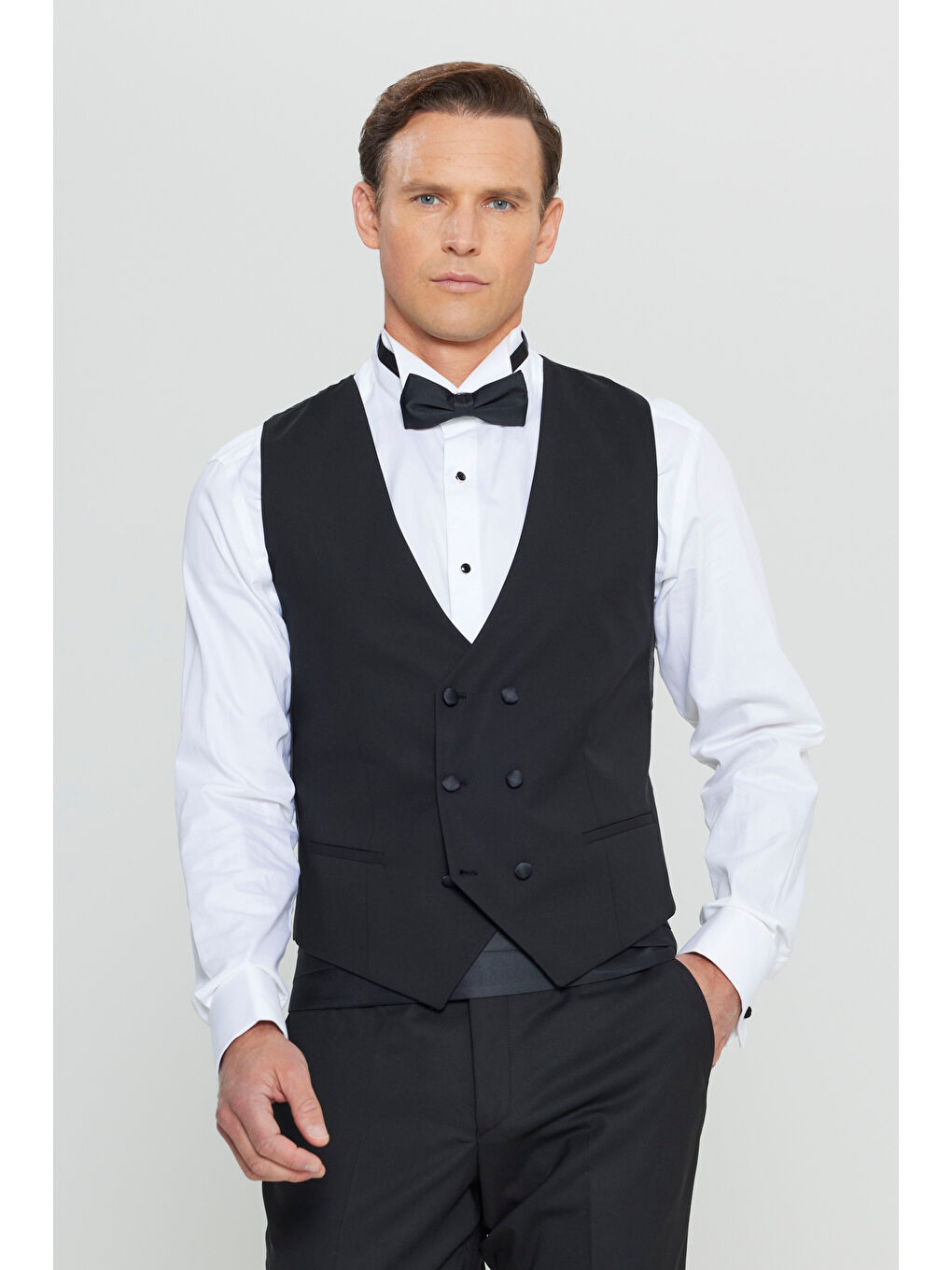 Erkek Siyah Yünlü Slim Fit Dar Kesim Yelekli Klasik Kruvaze Yelek