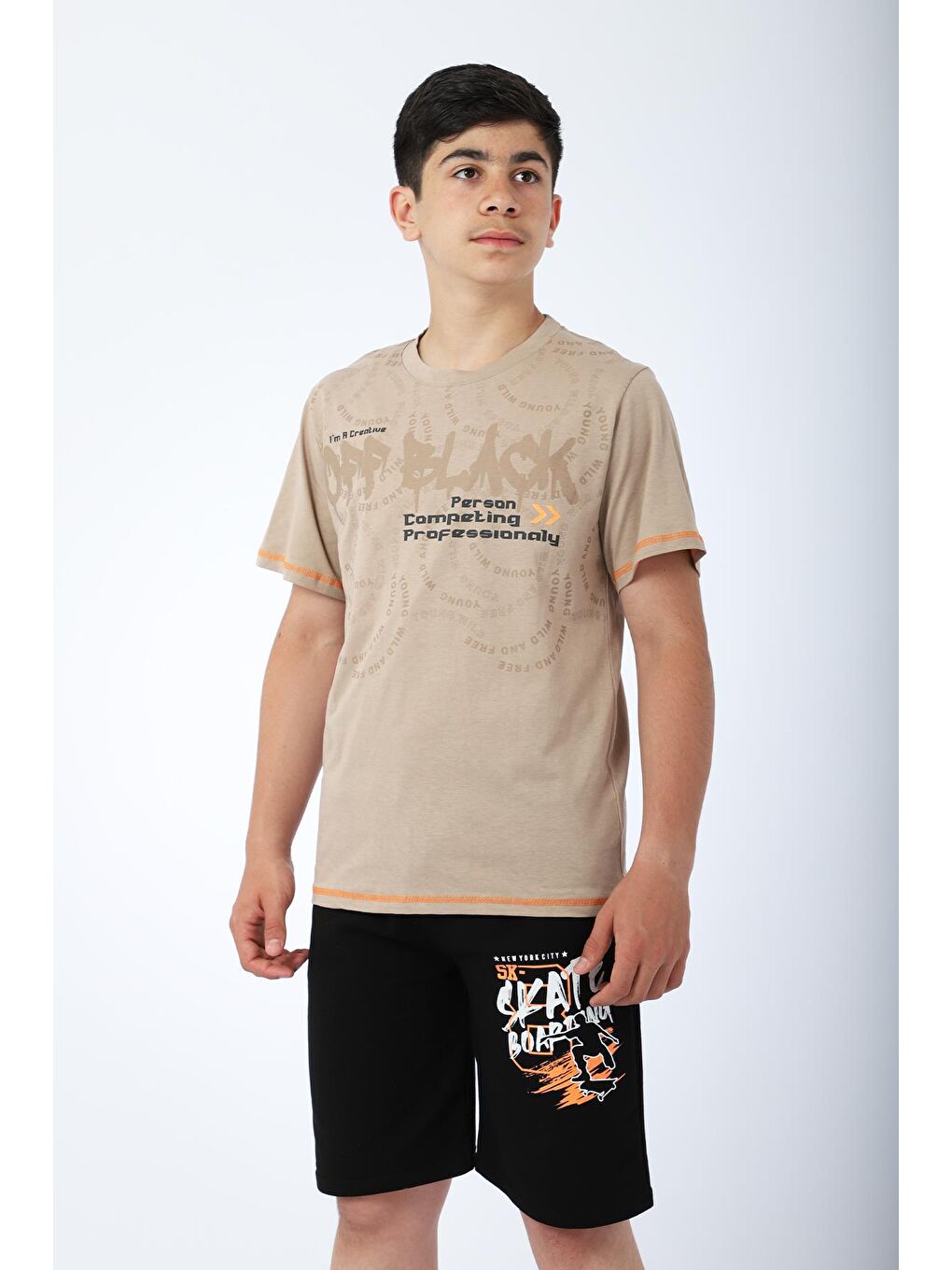 Bej Erkek Çocuk Tshirt Şort Yazlık Takım Kay Kay Baskılı-4