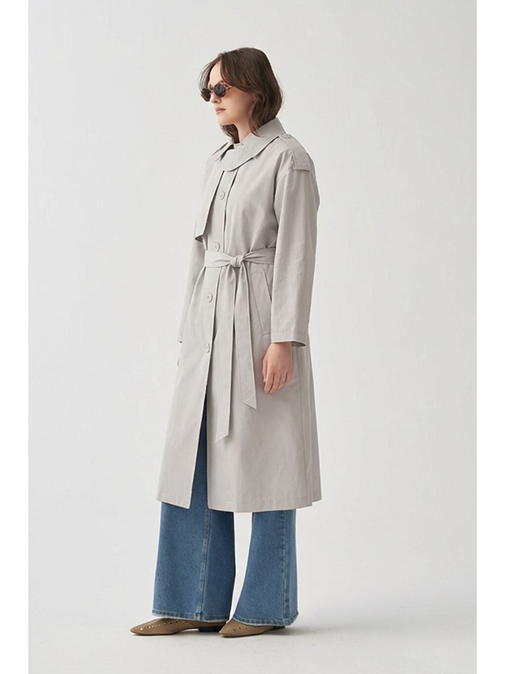 Bej Taş-Yaka Apoletli Trençkot