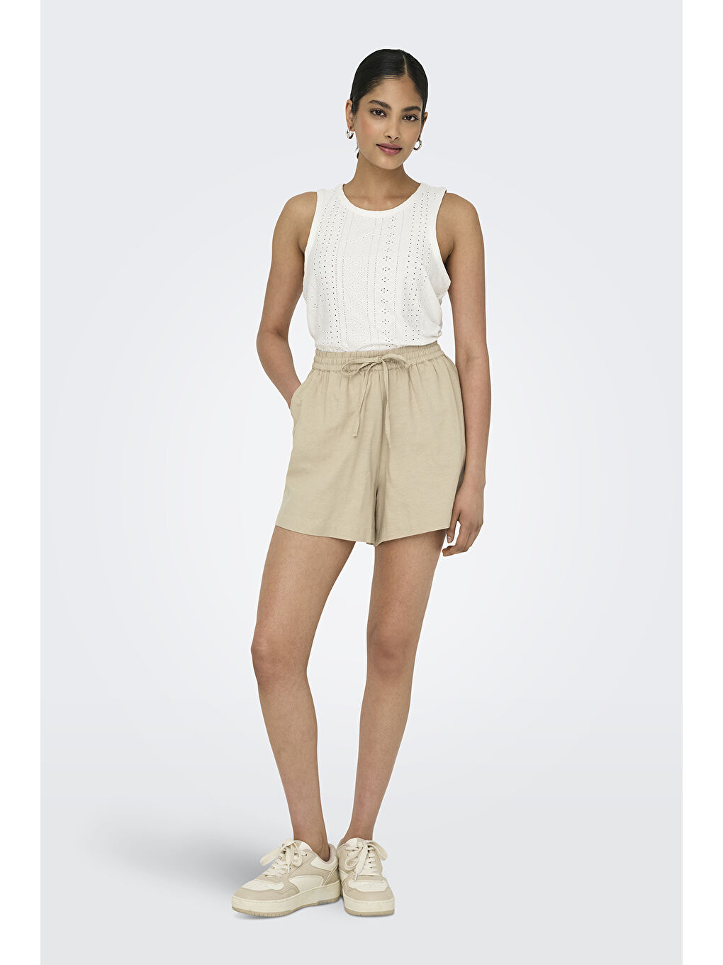 Bej Onljakiri Keten Karışımlı Comfort Fit Belden Bağlamalı Short 15346498-1